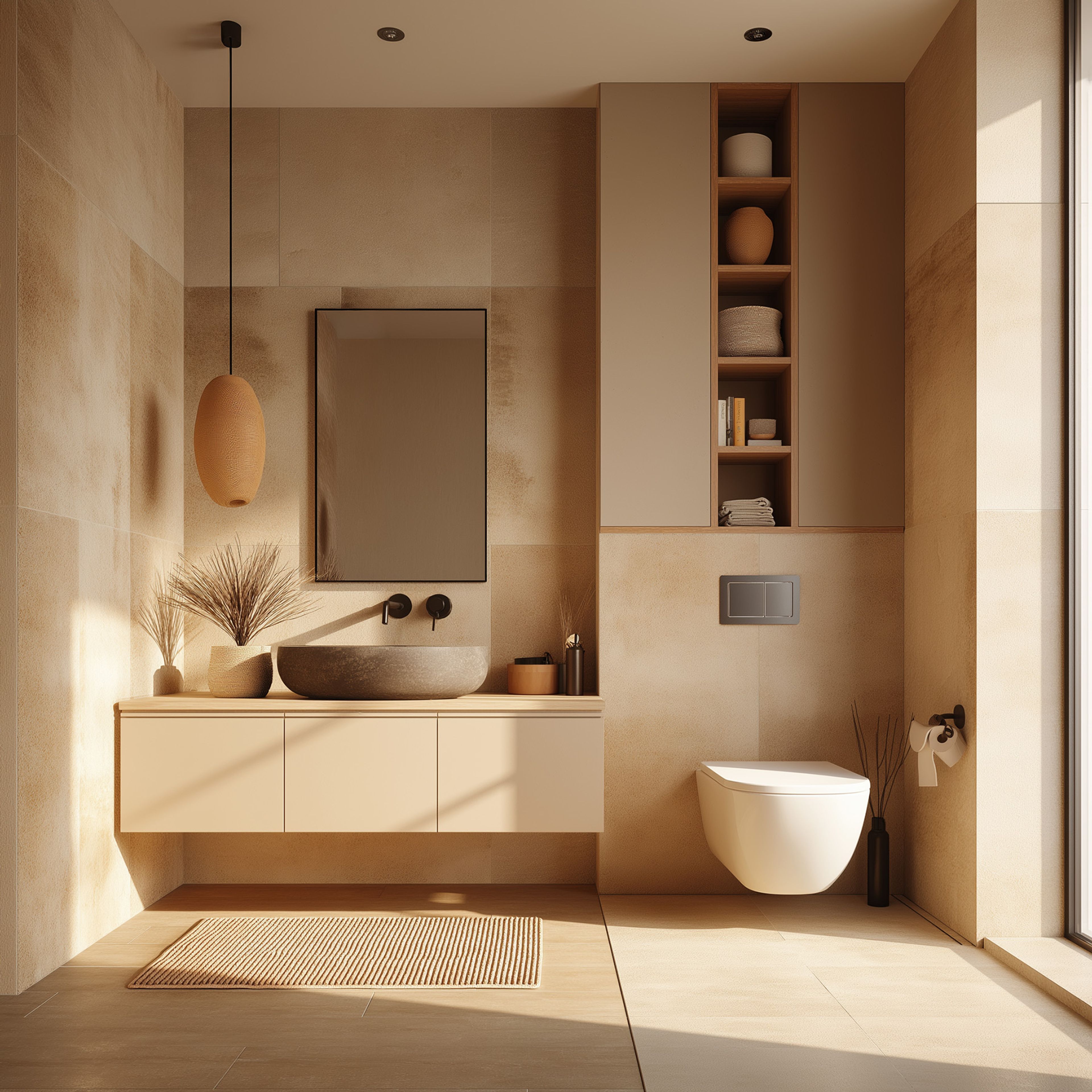 Bathroom Design with Floating Drawer Vanity and Beige Tiles