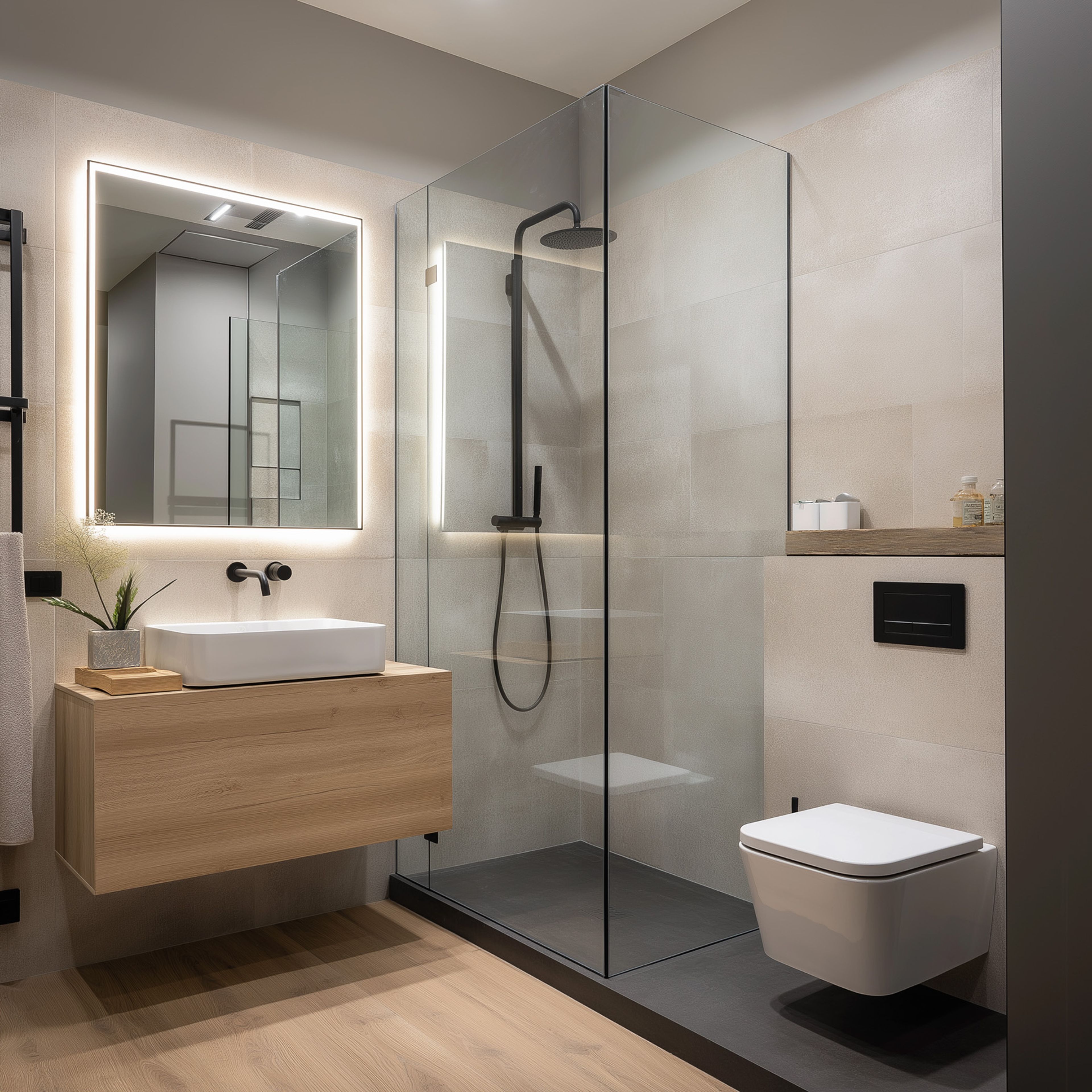 Bathroom Design with Grey and Oak Floating Vanity Storage