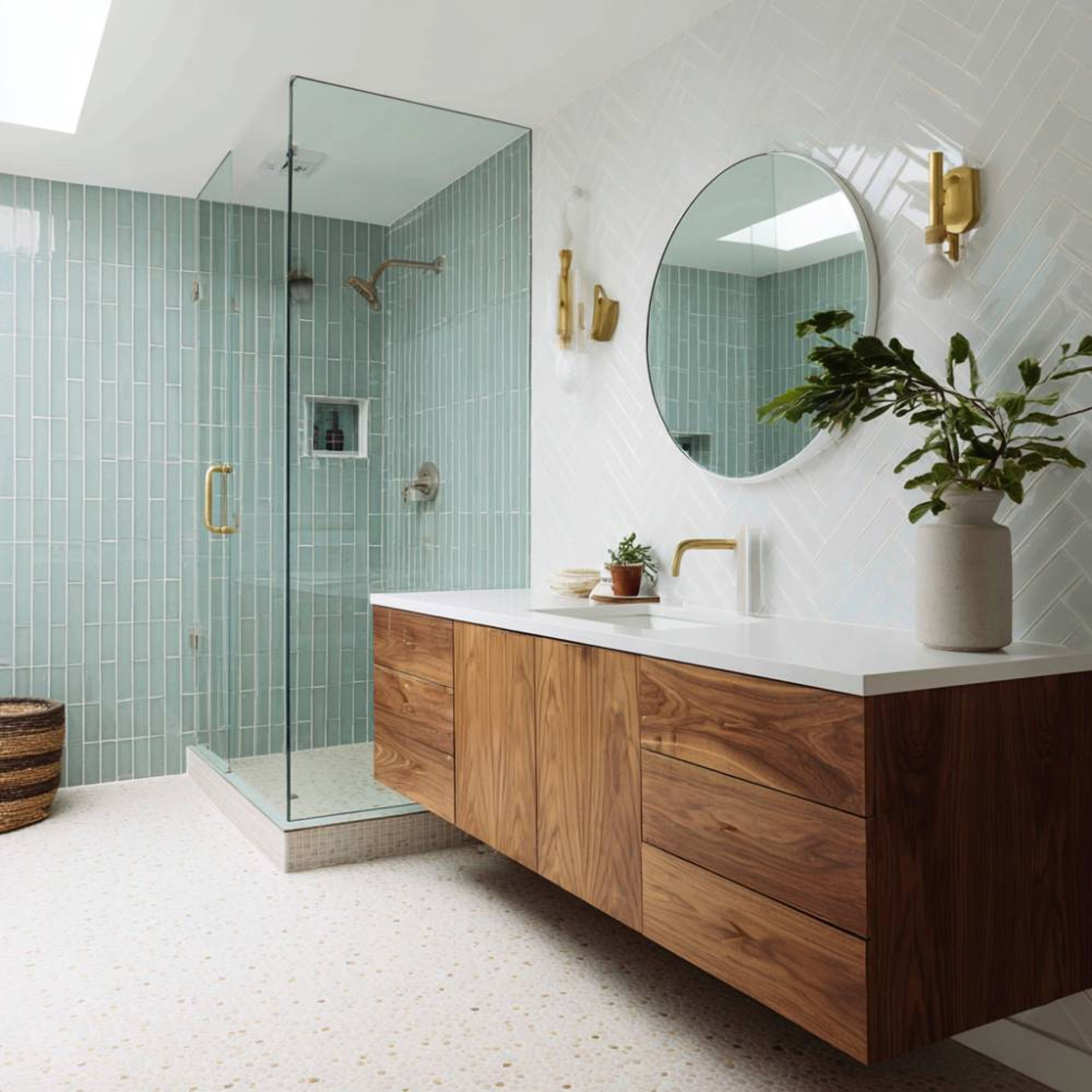 Modern Bathroom Design with Teal and White Tiles and Floating Vanity