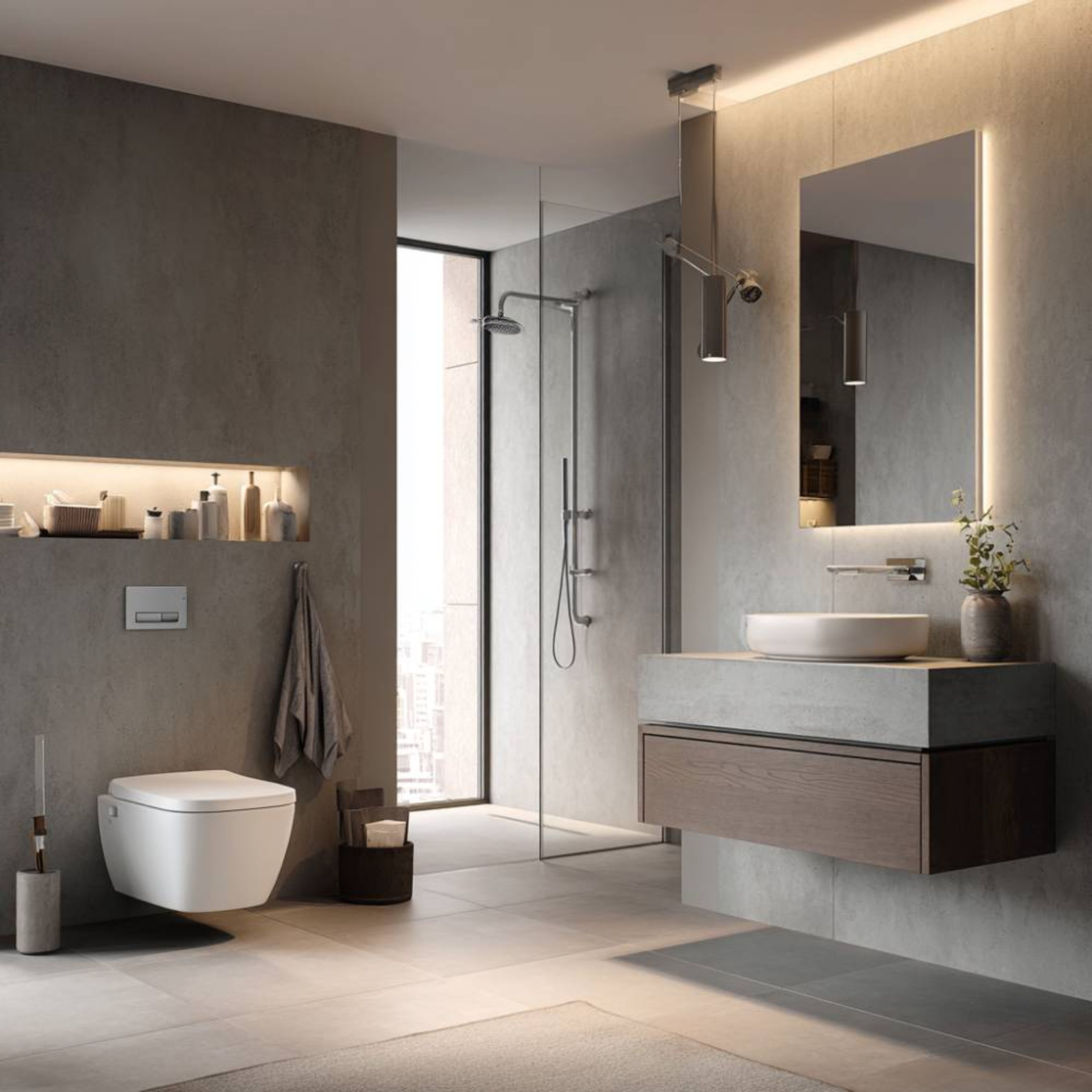 Floating Vanity Modern Bathroom Design with Concrete Display Niches
