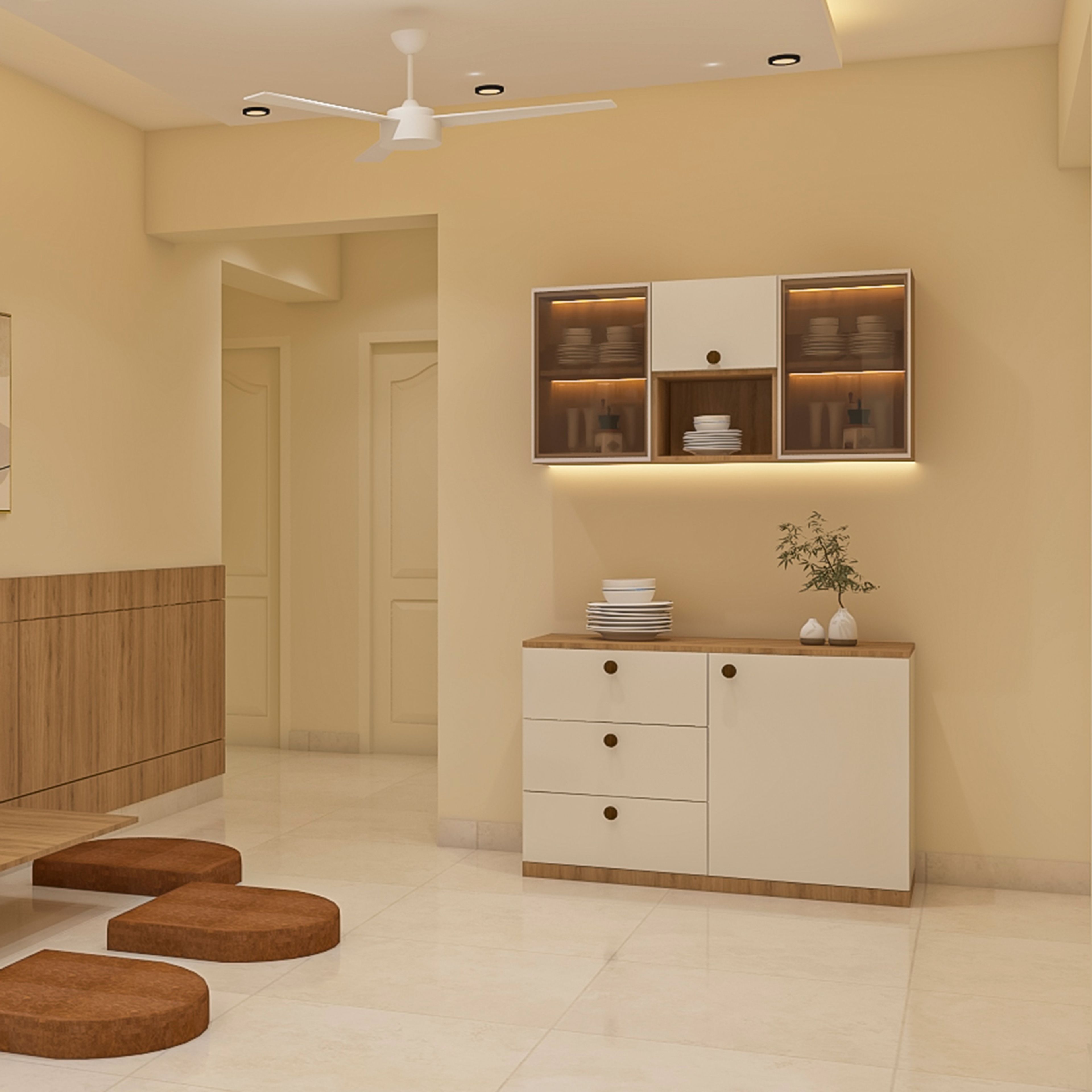 Contemporary Crockery Unit Design with White Suede Finish