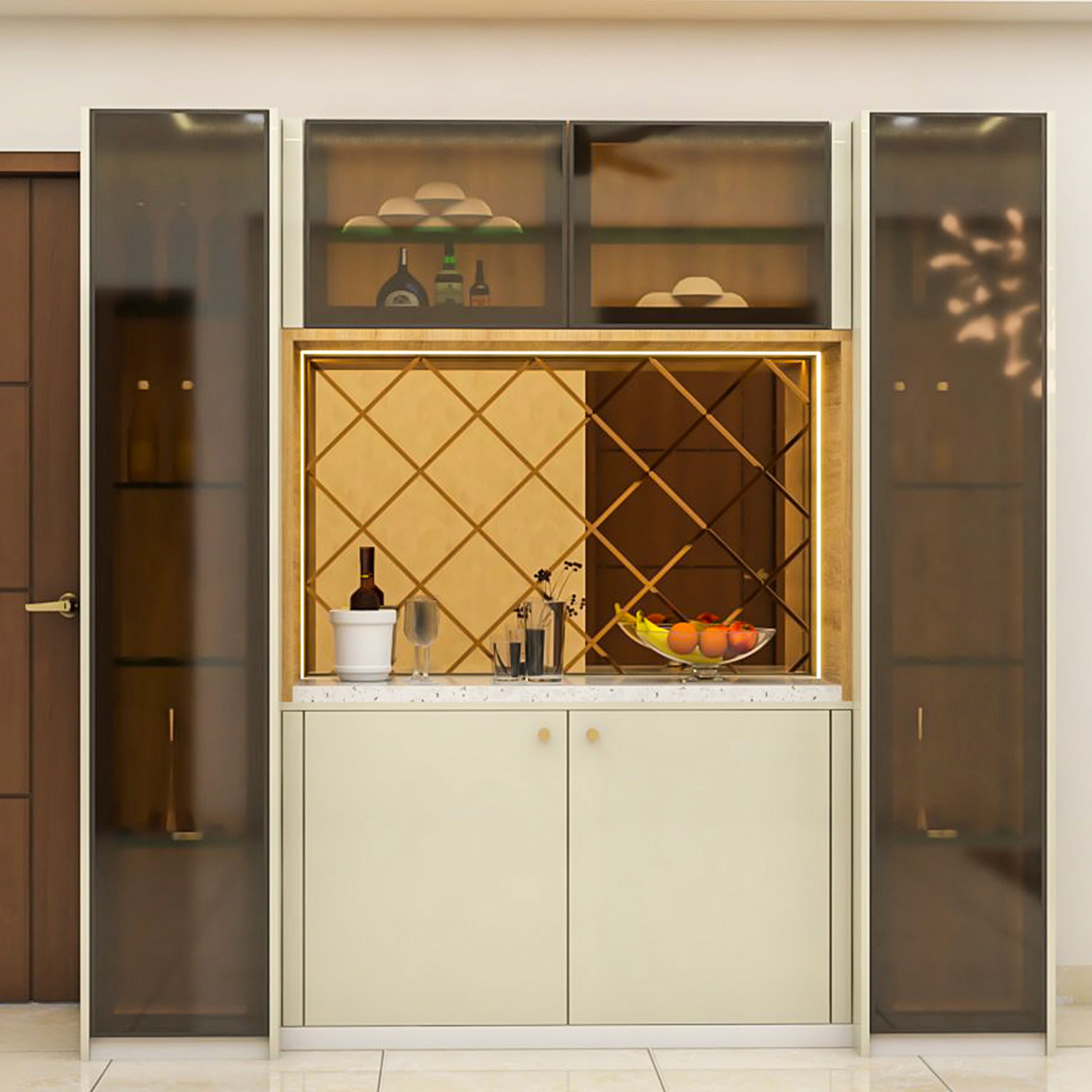 Modern White Crockery Unit Design with Glass Towers and Mirrored Display