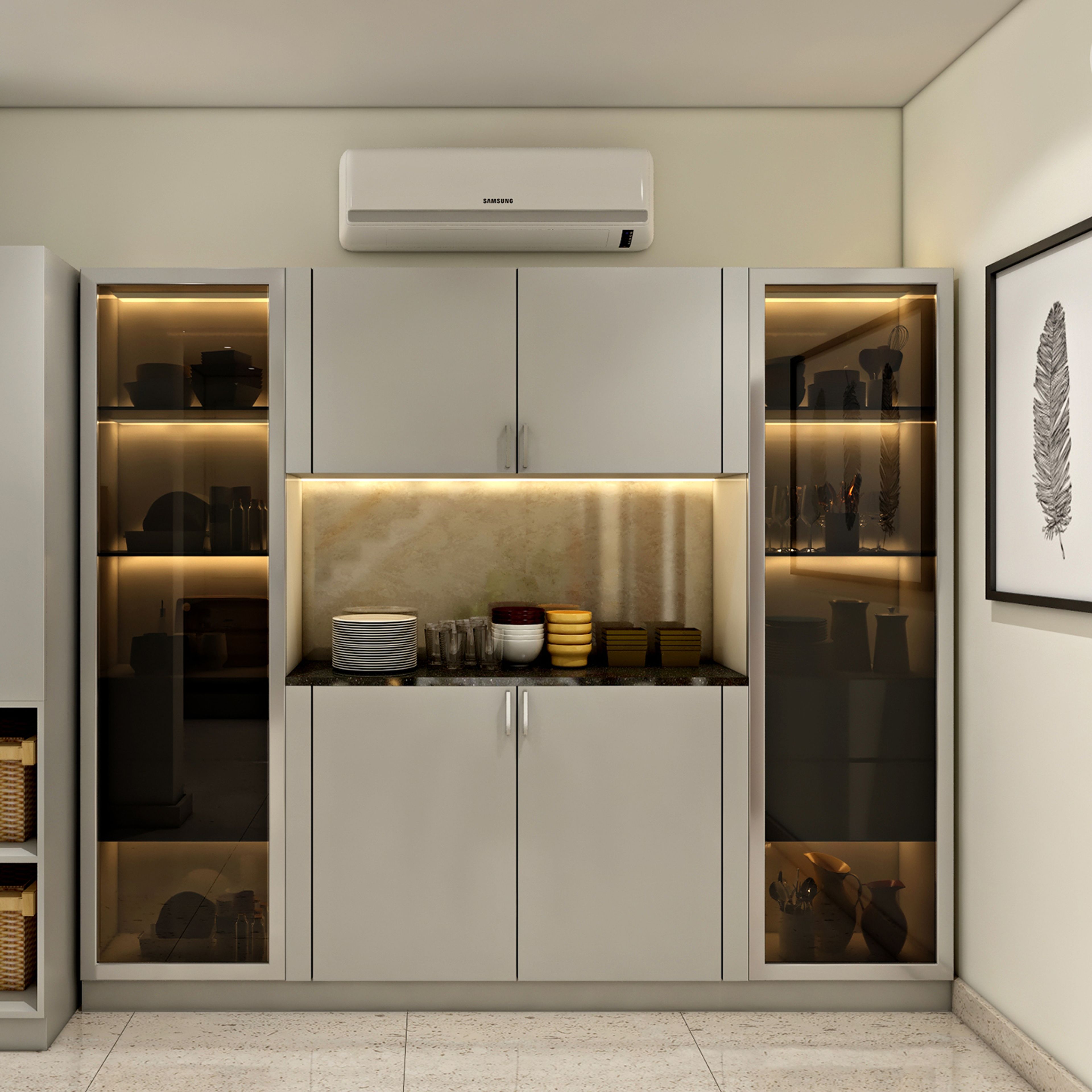 Contemporary Crockery Unit Design with Lit Glass Towers and Tall Display Cabinets