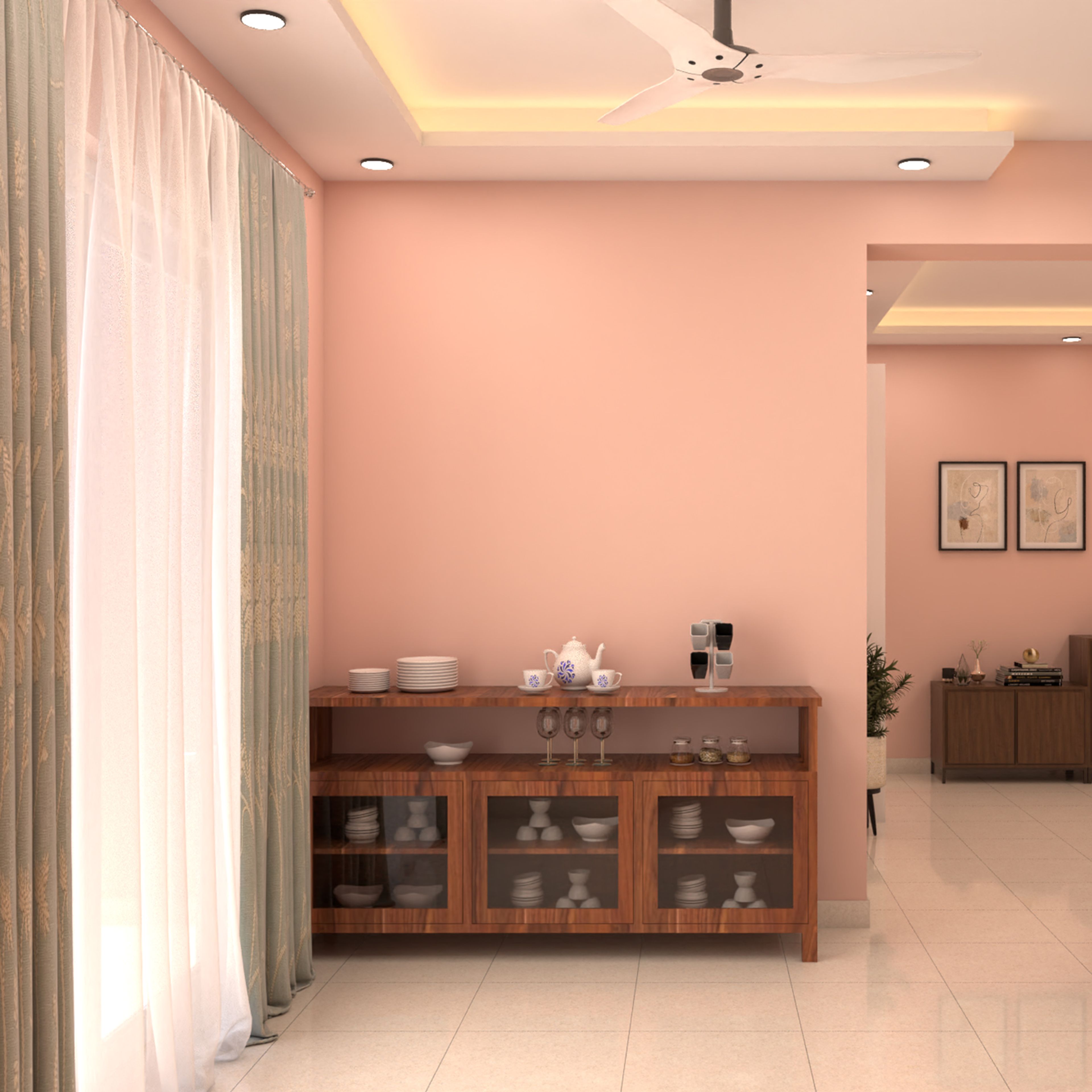 Transitional Wooden Crockery Unit Design with Glass Compartments