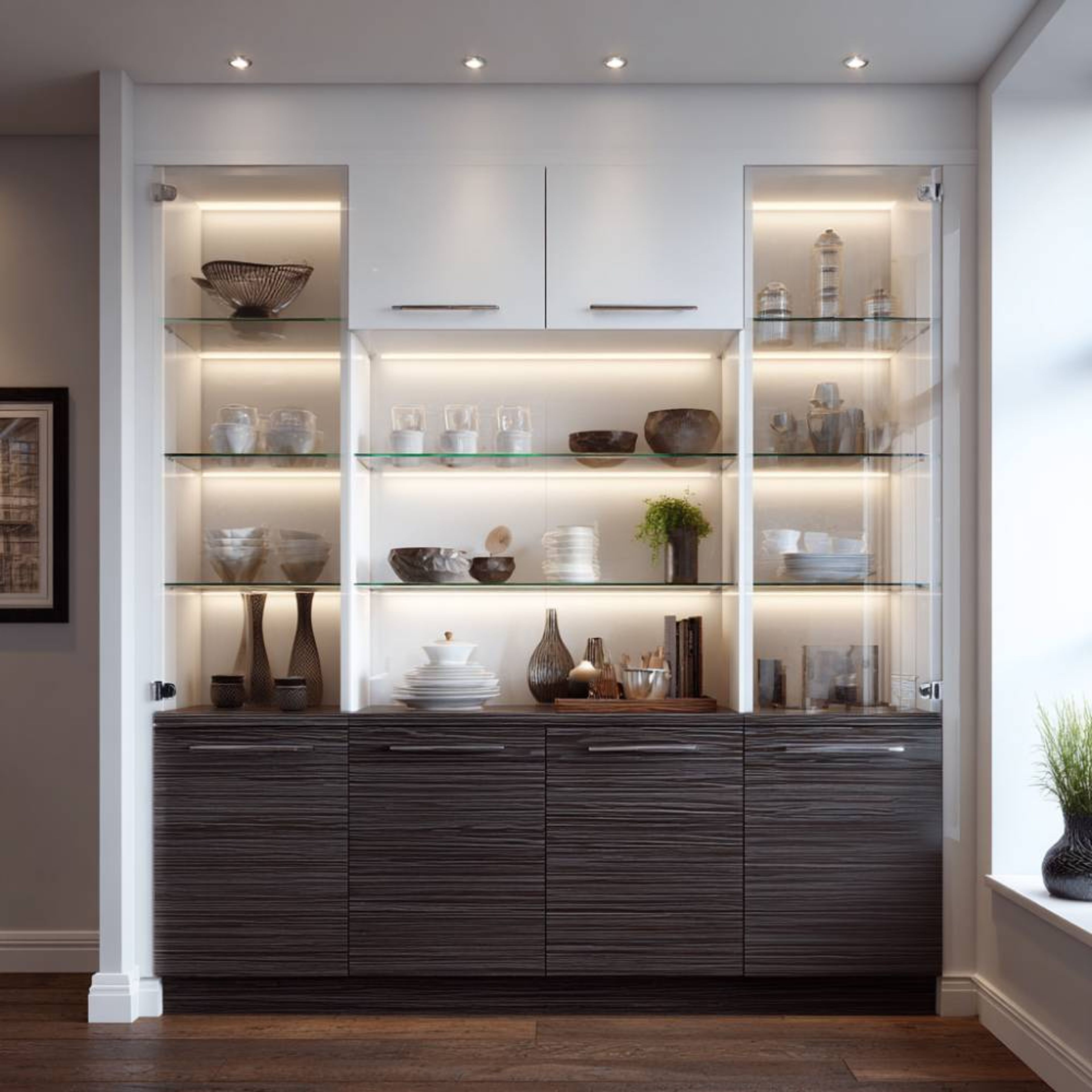 Crockery Unit Design with Champagne Shades and Curated Glass Shelving