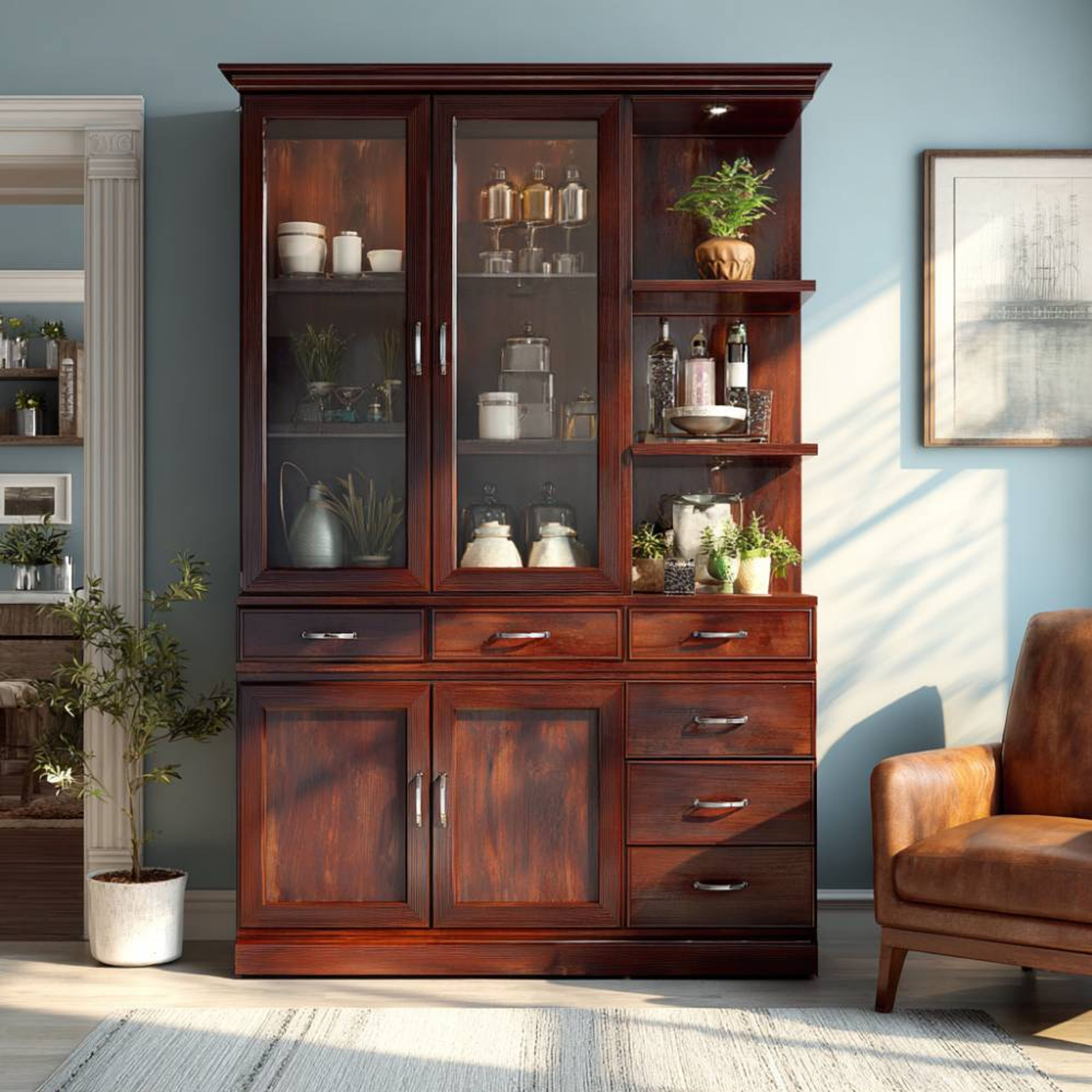 Crockery Unit Design Featuring Deep Drawers and Open Hutch