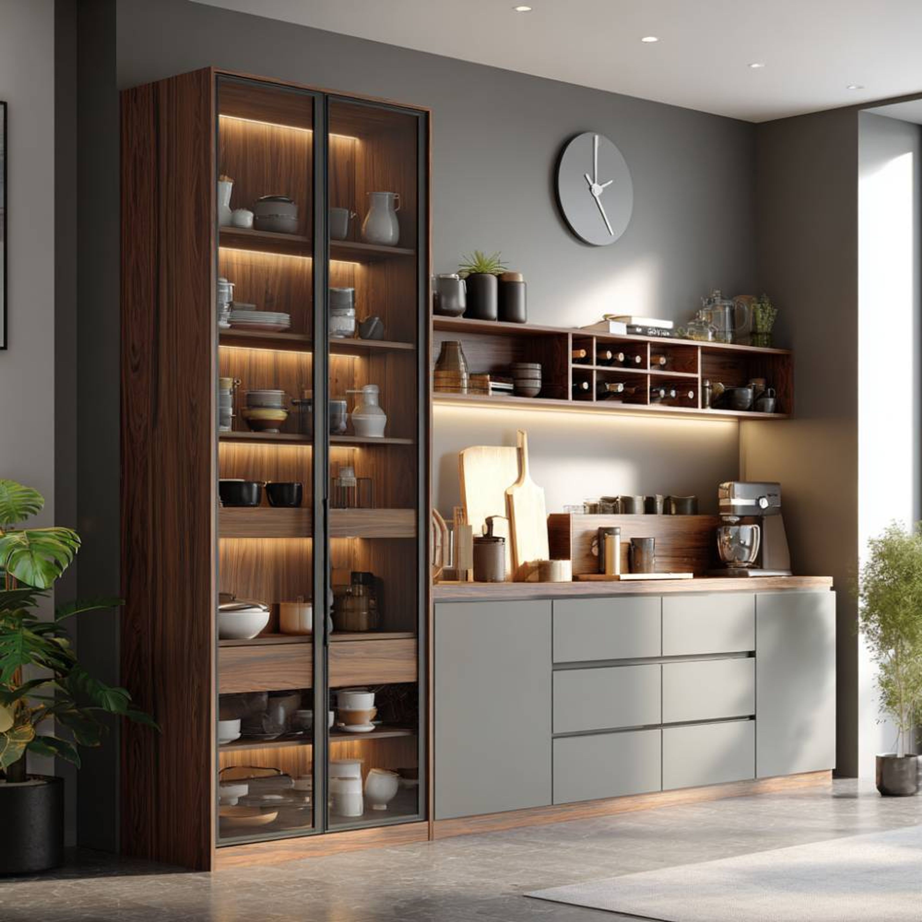 Crockery Unit Design with Glass Towers, LED-Lit Shelves and Matte Grey Finish