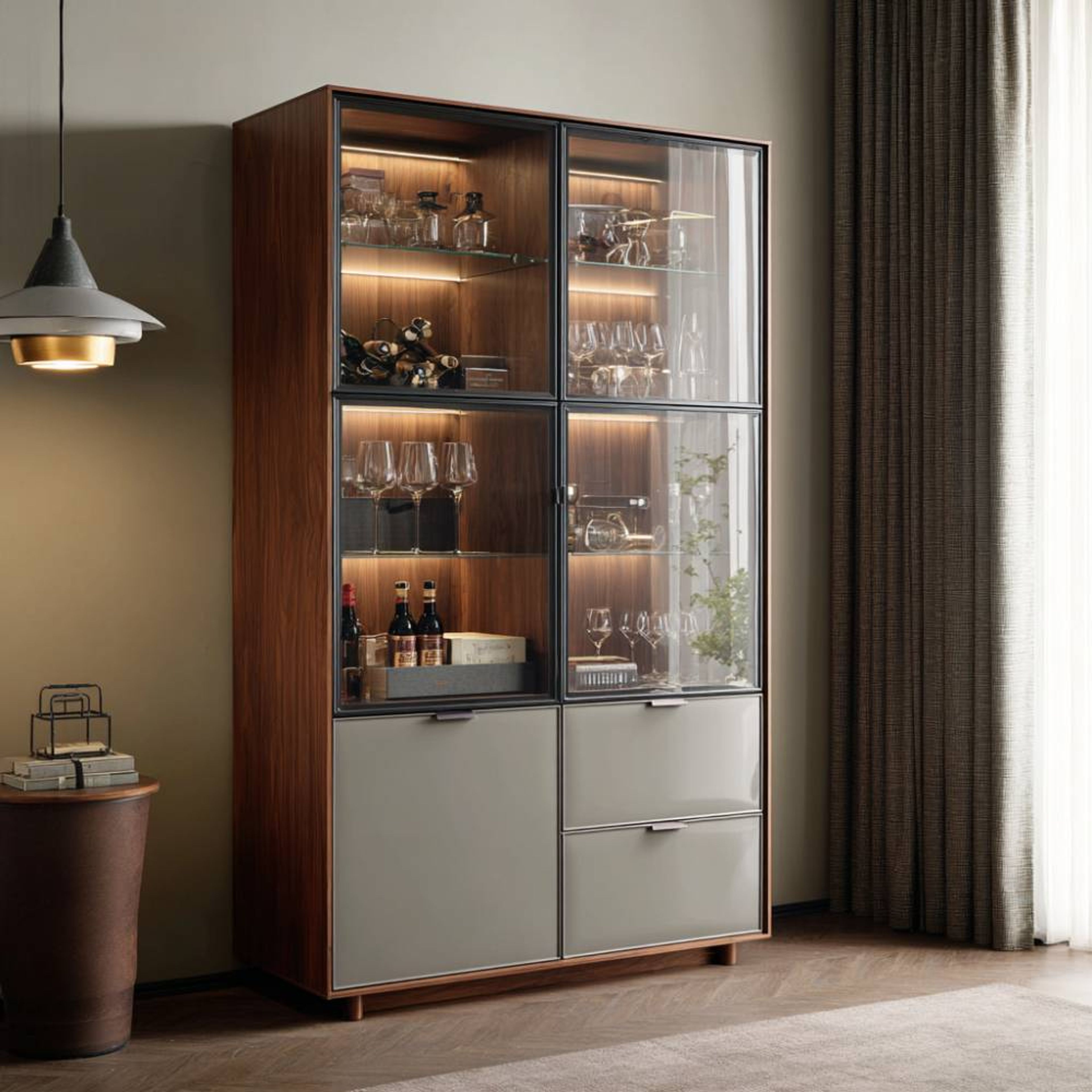 Crockery Unit Design with Glass Cabinets and LED-Lit Shelvin