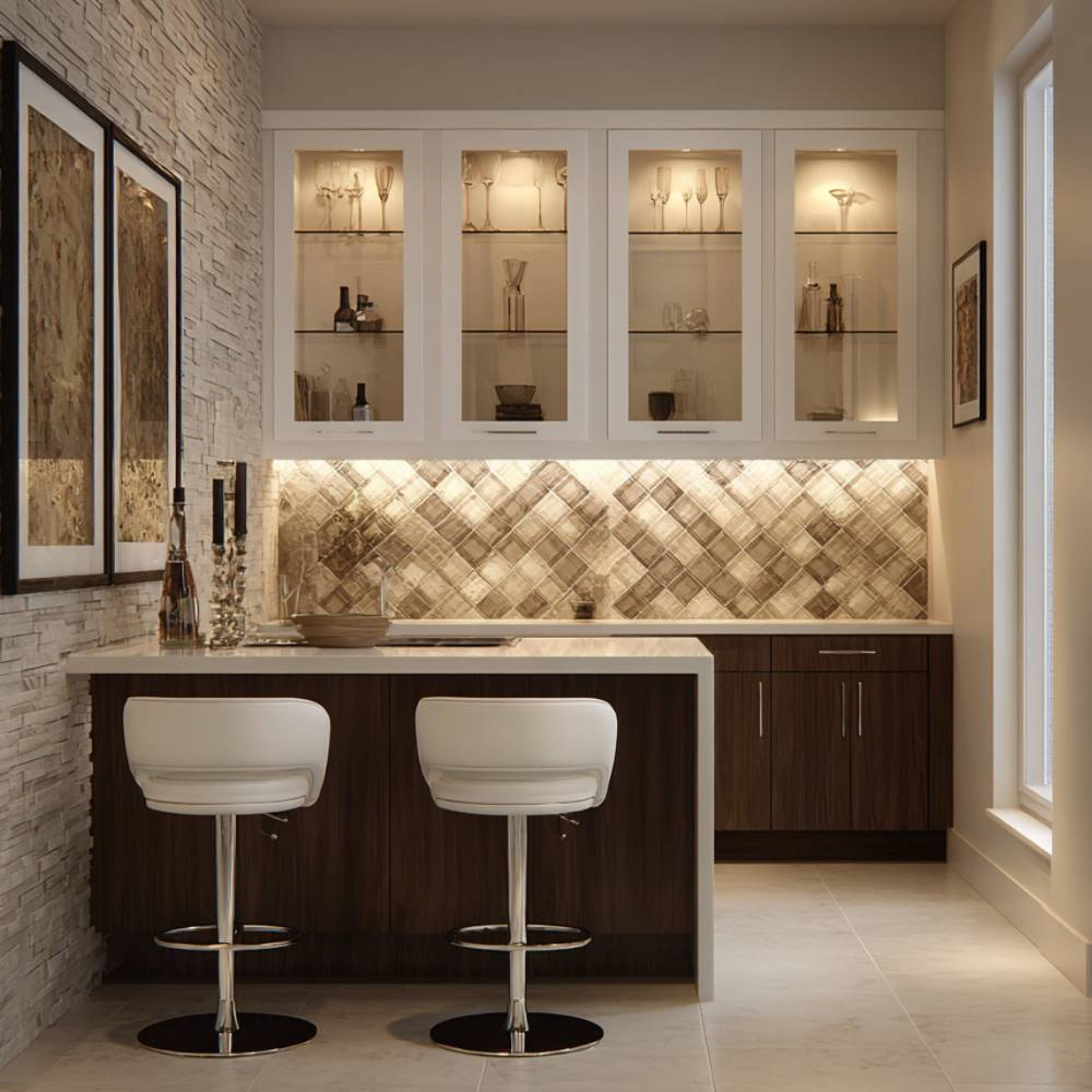 Contemporary Champagne and Walnut Bar Style Crockery Unit Design