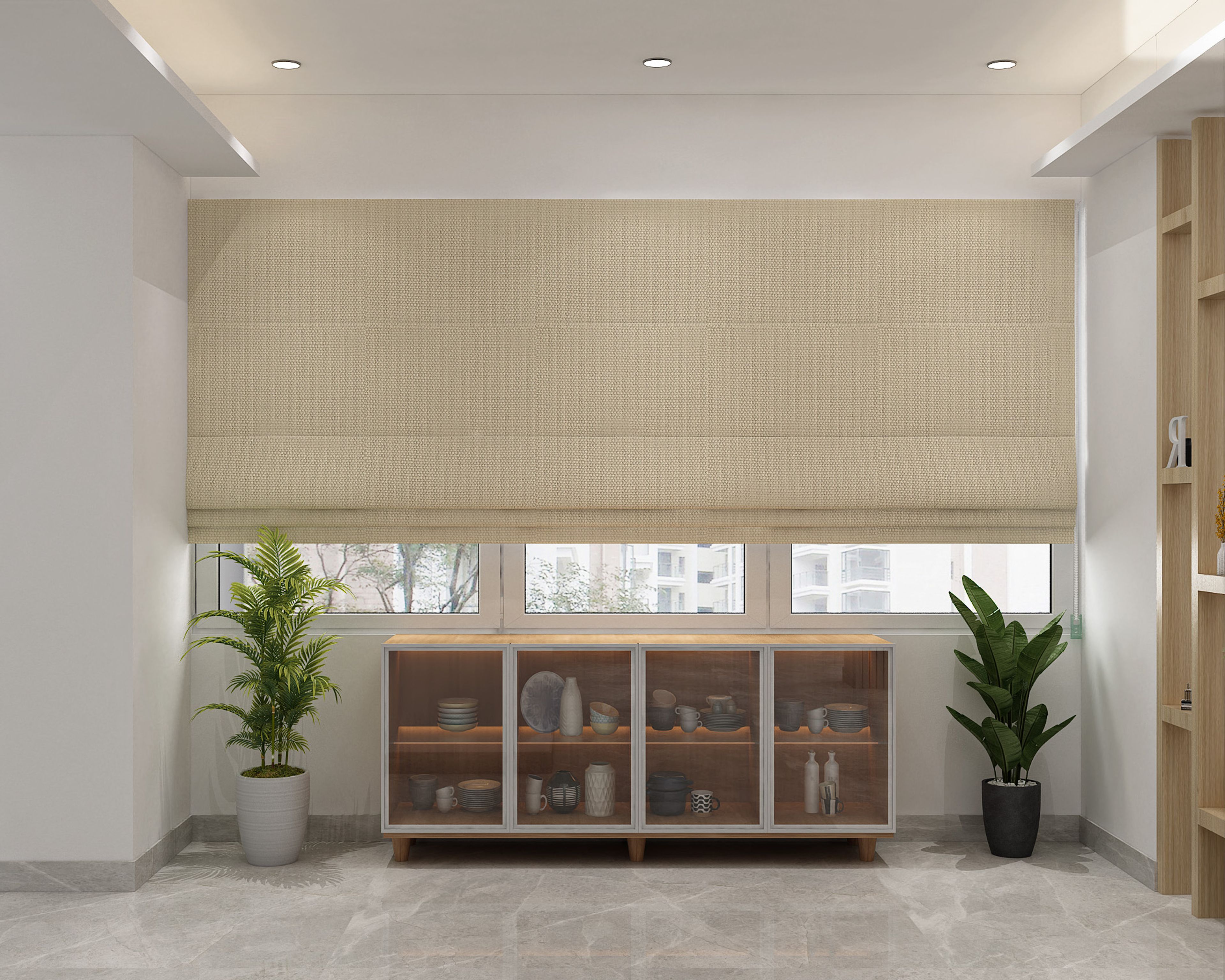 Minimal Crockery Unit Design in Walnut Bronze with Glass Front Cabinets