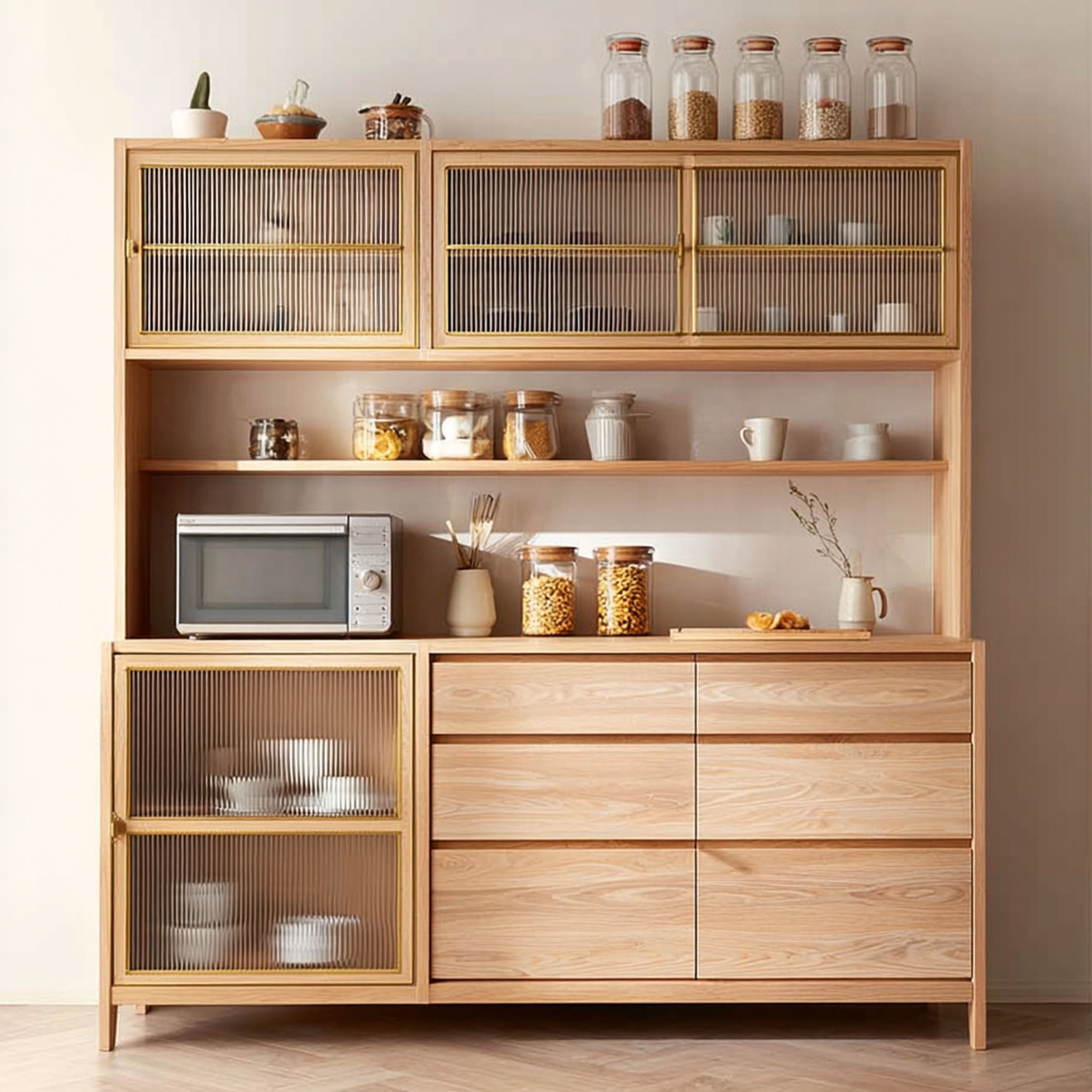 Modern Wood Crockery Unit Design with Fluted Glass, Open Shelves and Drawers