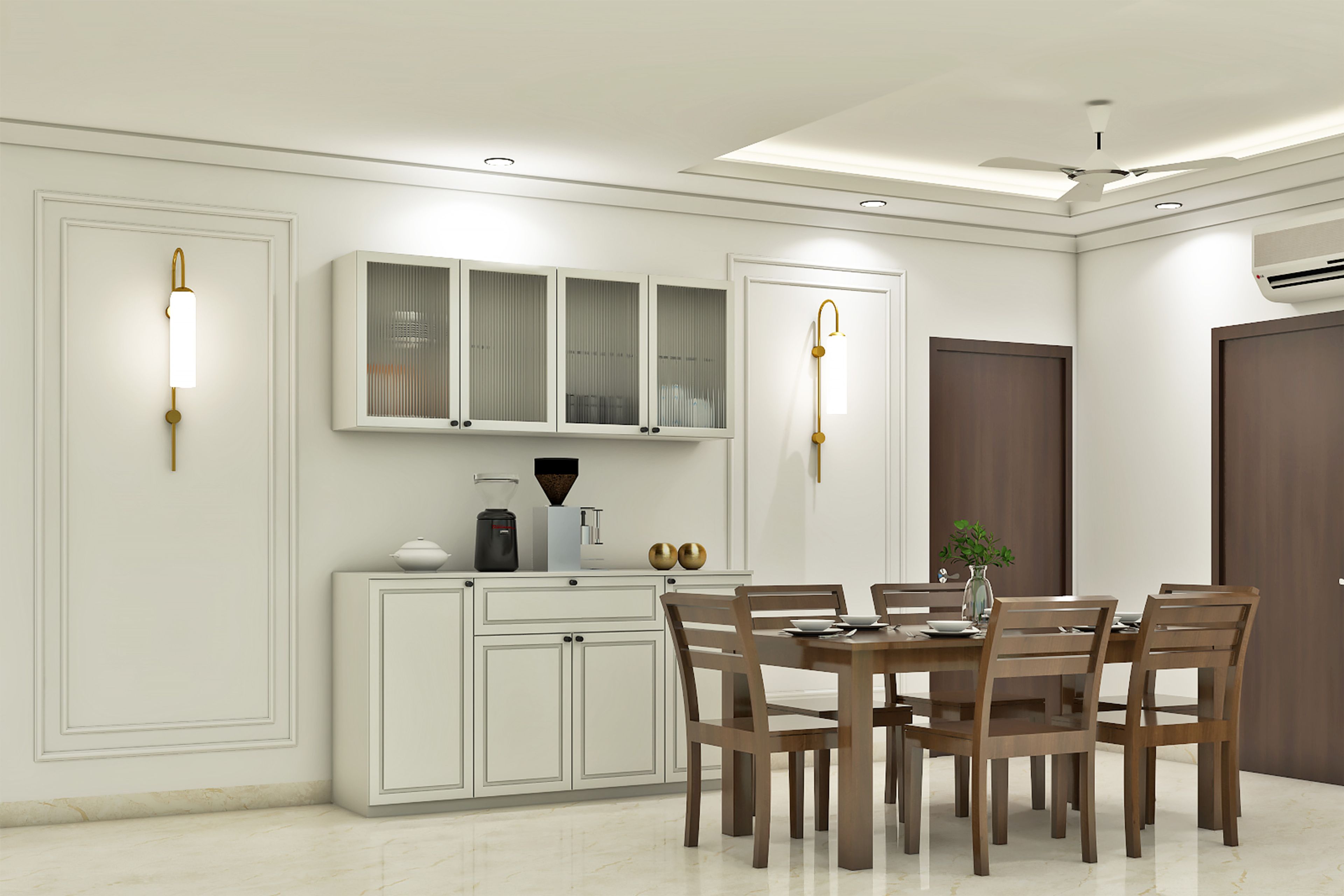 Classic Off-White Crockery Unit Design with Glass Display Cabinets and Closed Storage