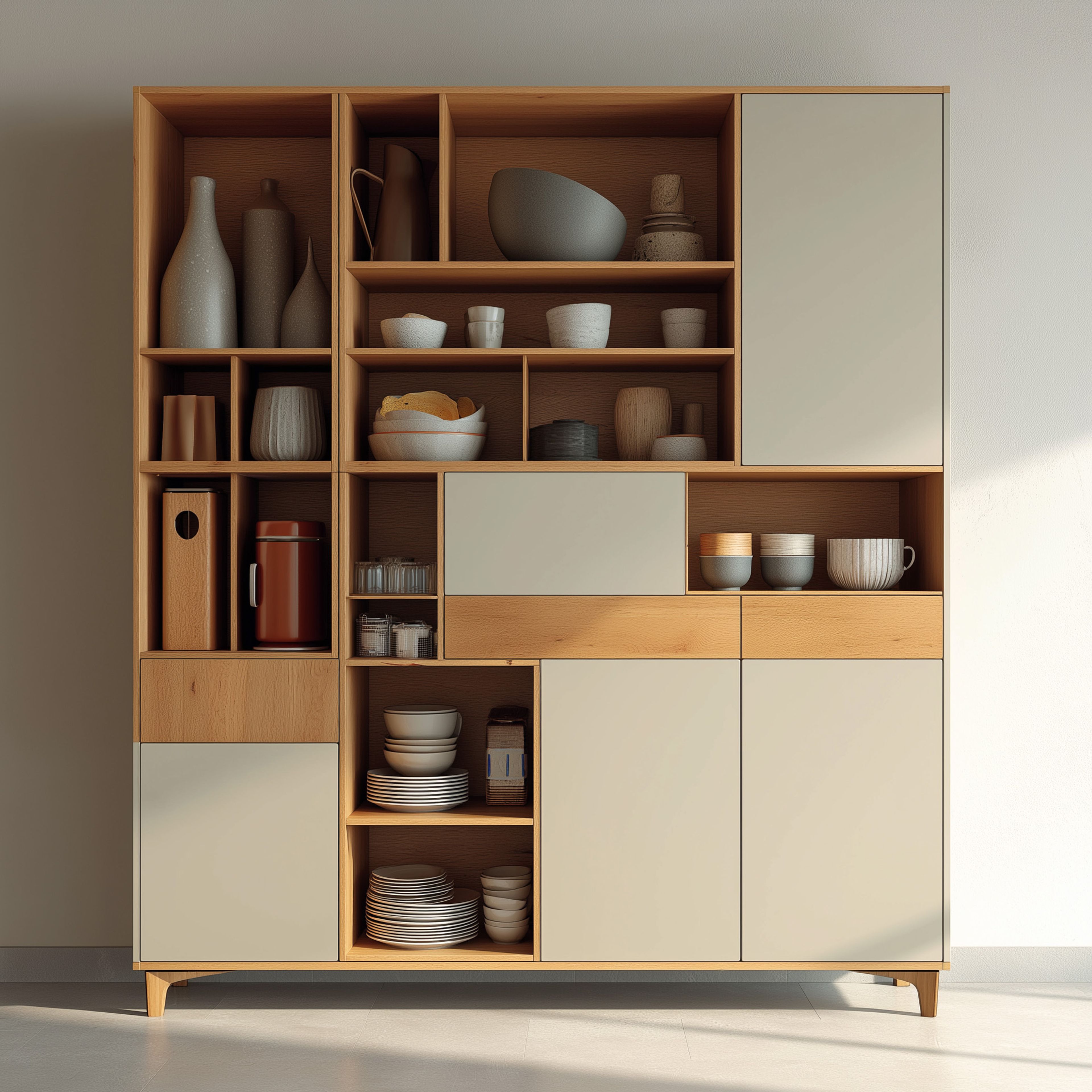 Modern Beige and Wood Crockery Unit Design with Open Shelves