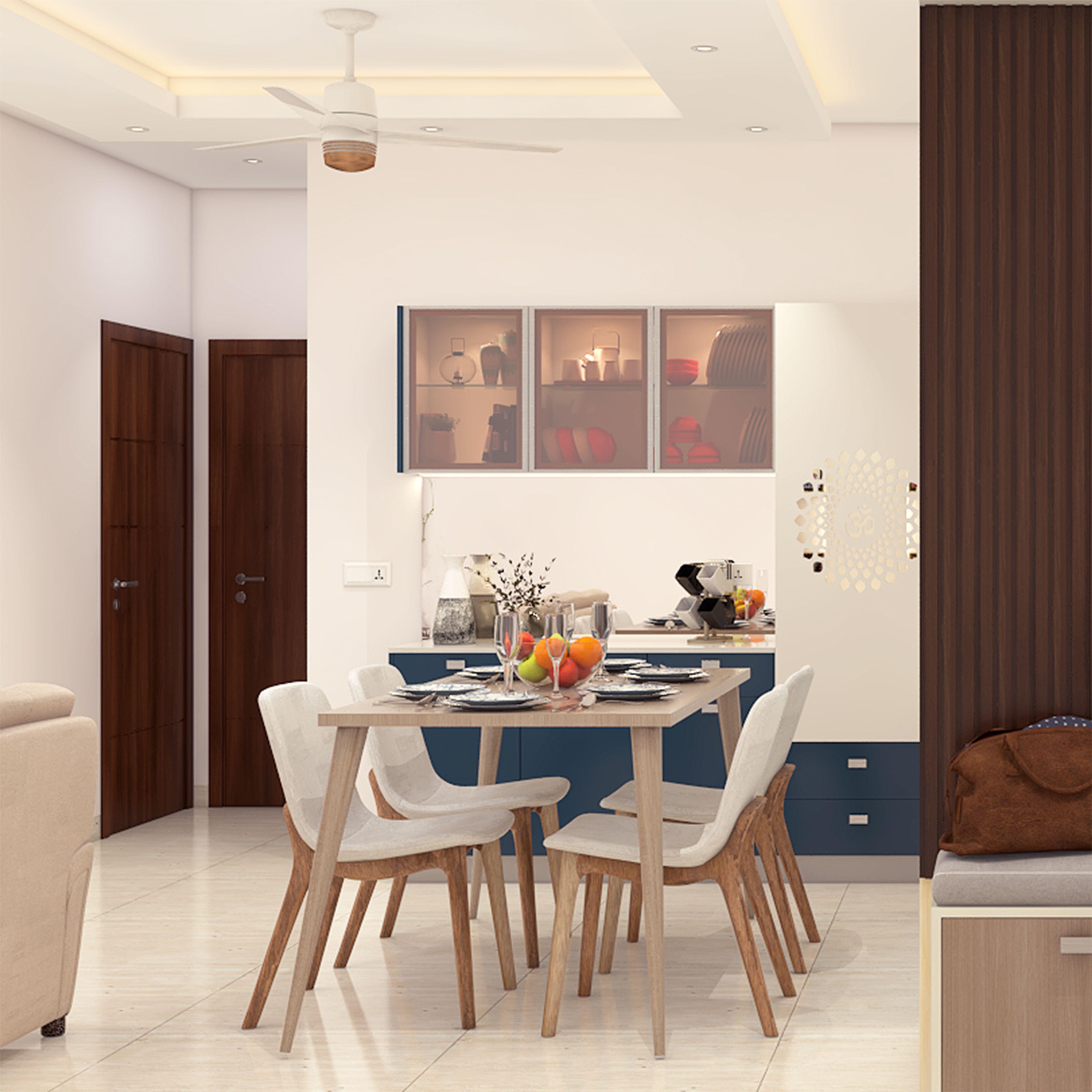 Modern Dining Room Design with Crockery Unit, Glass Cabinets and Wooden Table