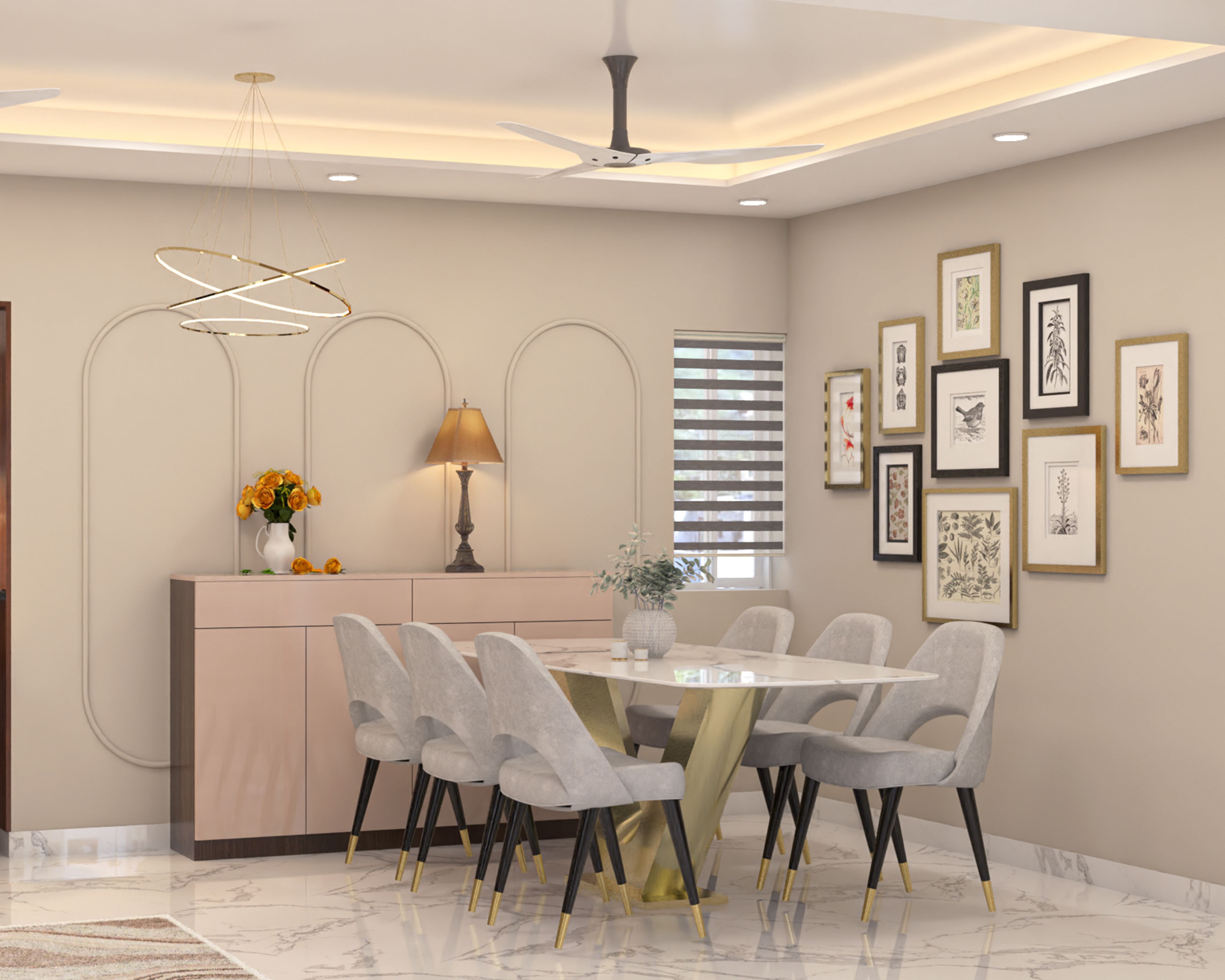 Classic 6-Seater Dining Room Design with Marble Table and Plush Grey Chairs