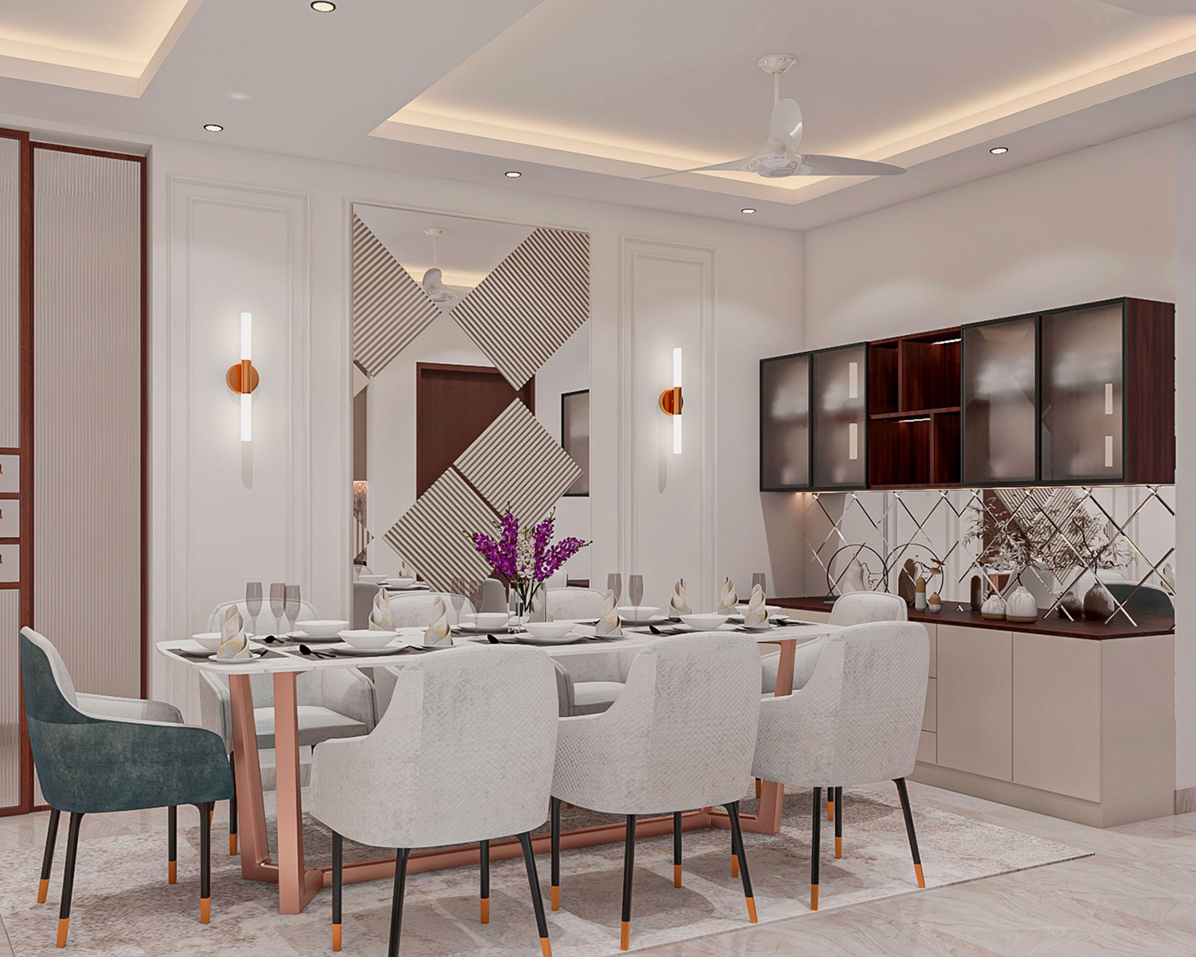 Contemporary 8-Seater Dining Room Design with Plush Off-White Seating and Accent Mirror Wall