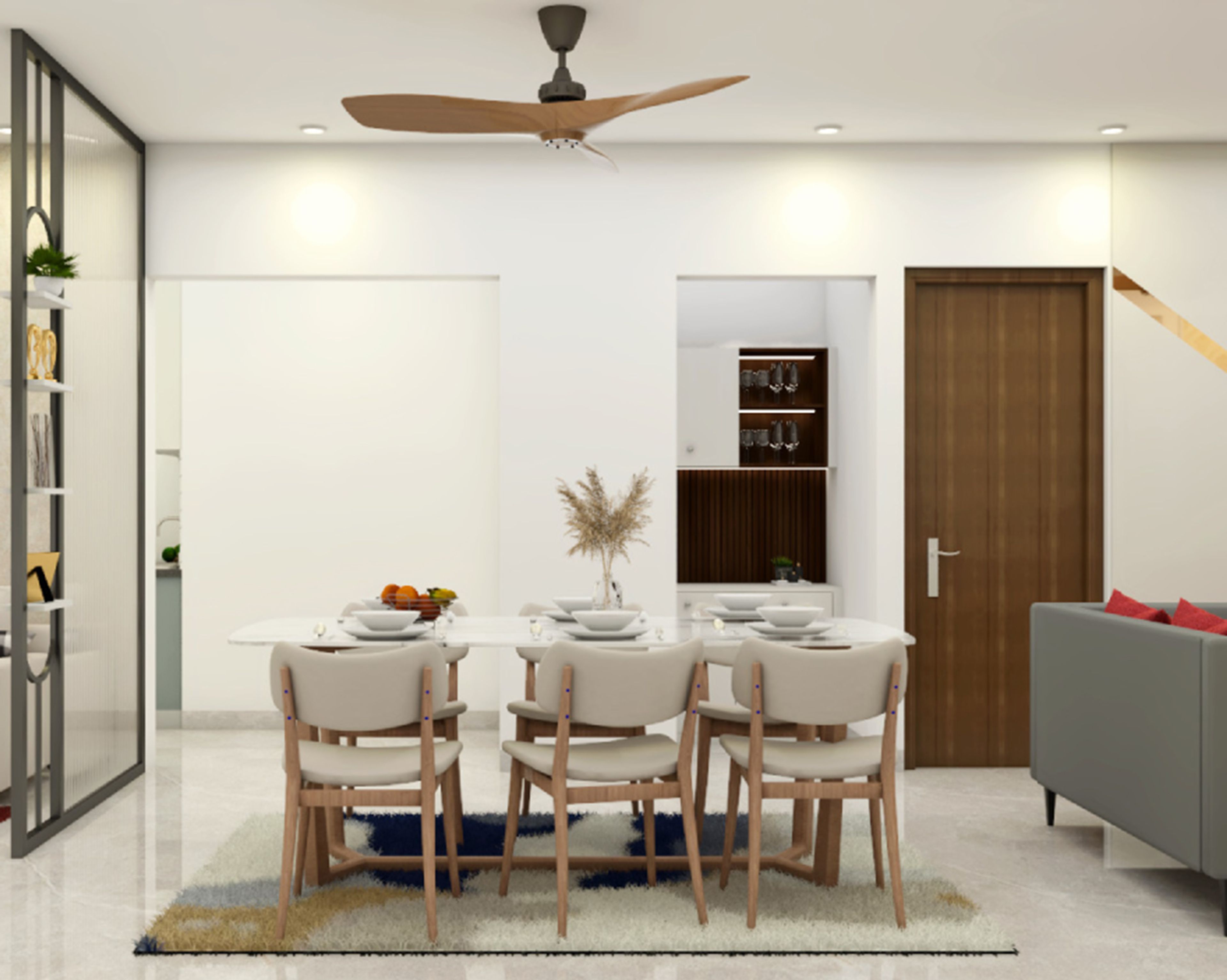 Scandinavian 6-Seater Dining Room Design with Rectangular Table and Crockery Unit