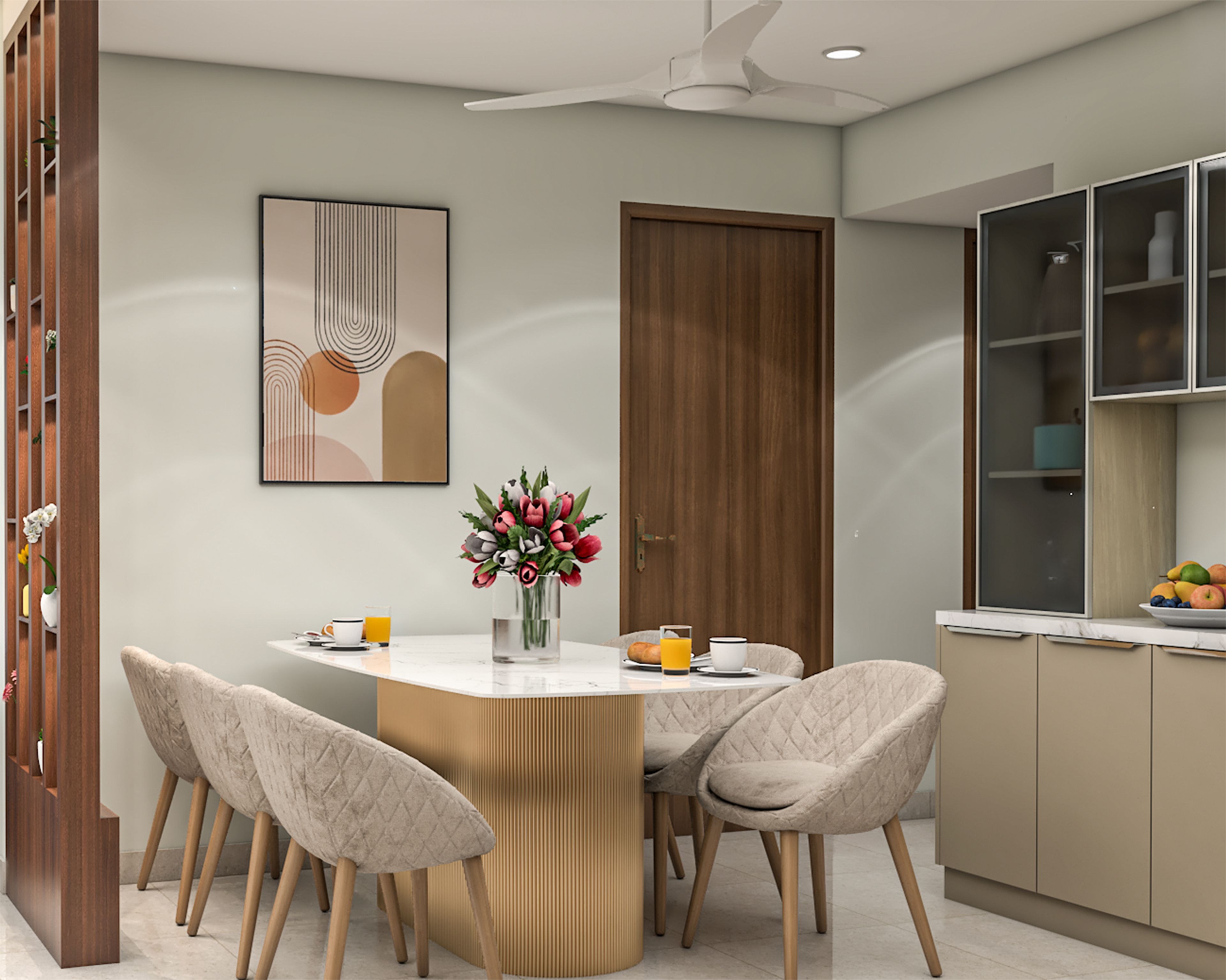 Modern Dining Room Design with Marble Table, Plush Seating and Storage Display