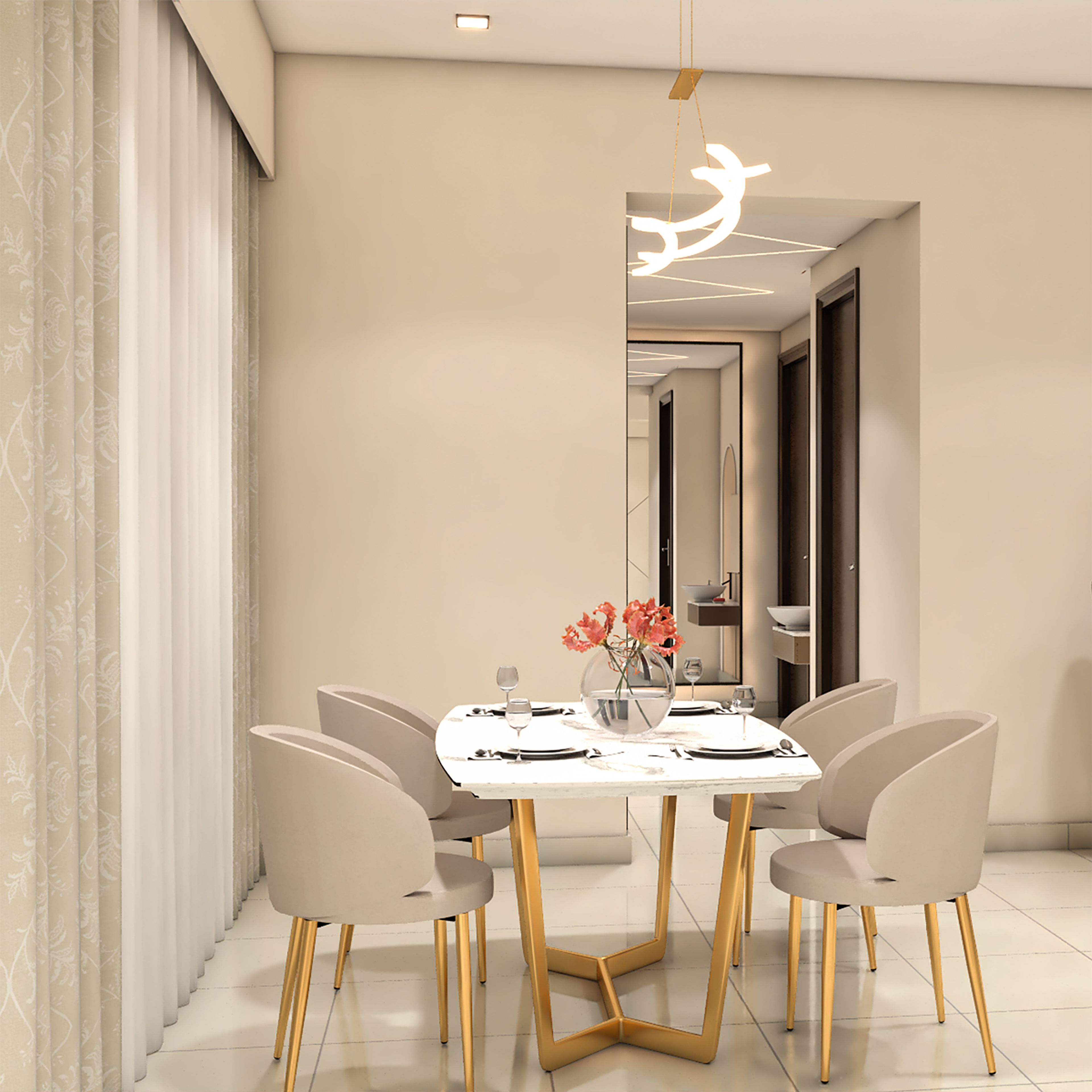 4-Seater Modern Dining Room Design with Geometric Gold Table Base and Beige Chairs