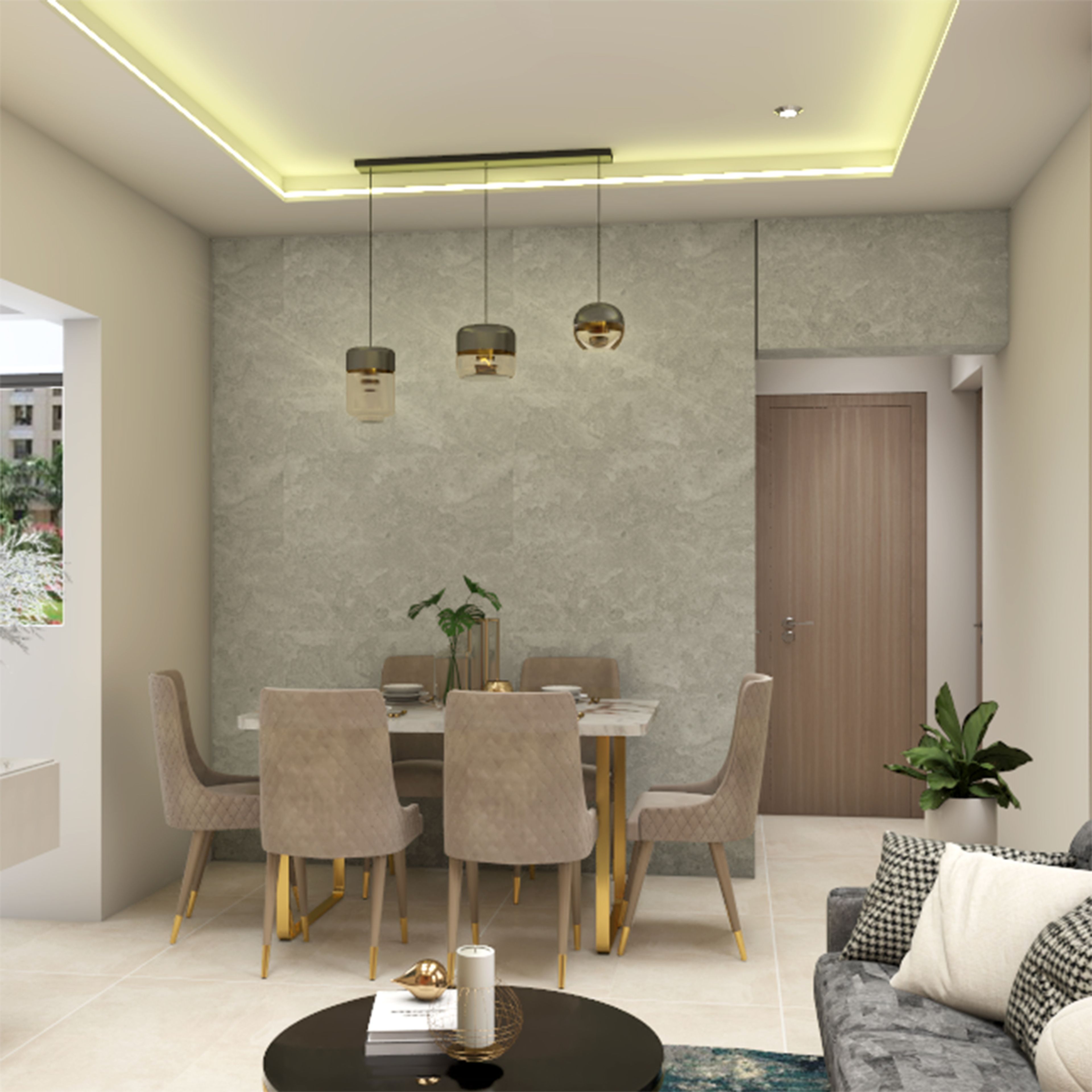 Contemporary Dining Room Design with Marble Top Table and Six Taupe Chairs