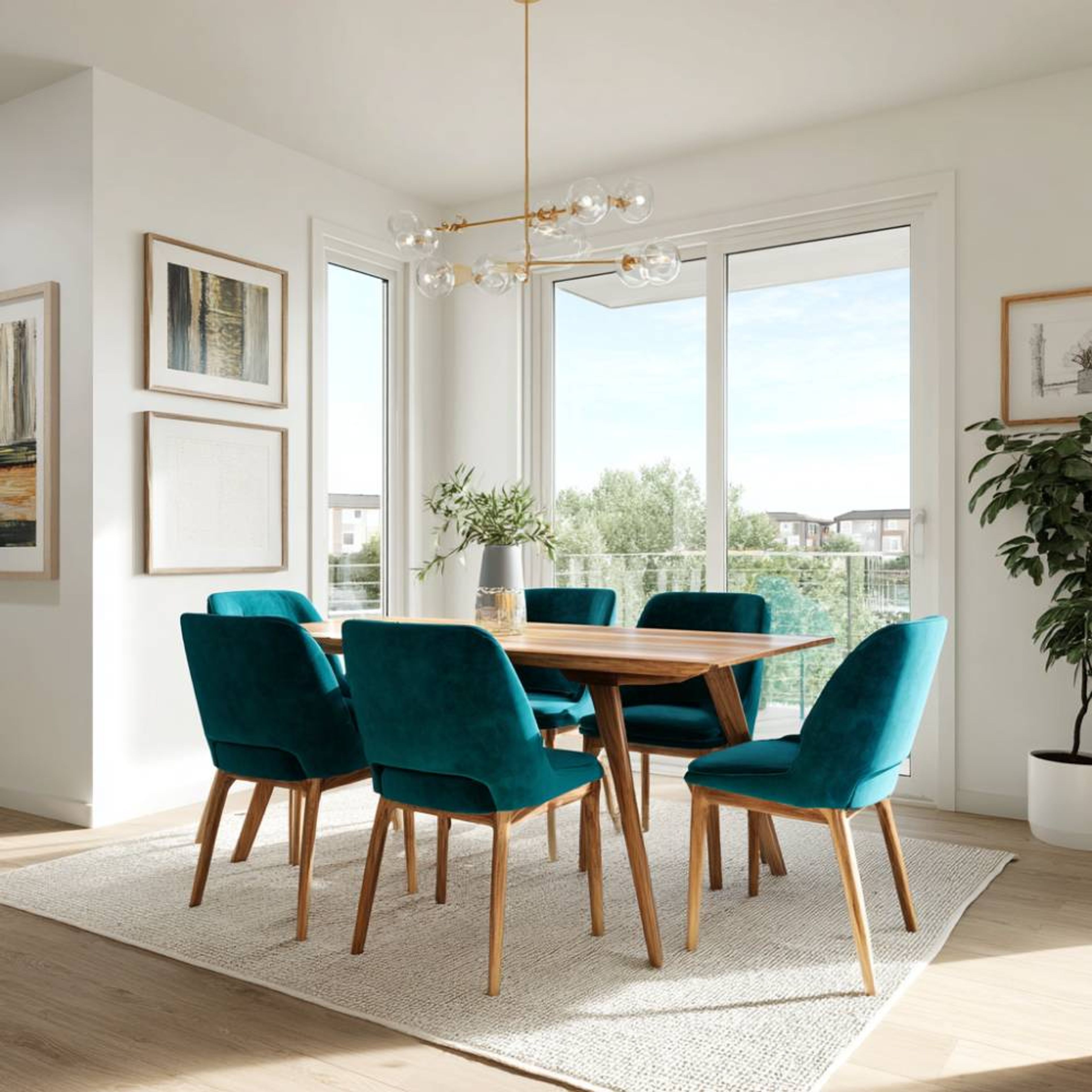 6-Seater Dining Room Design with Teal Velvet Seating and Wooden Table