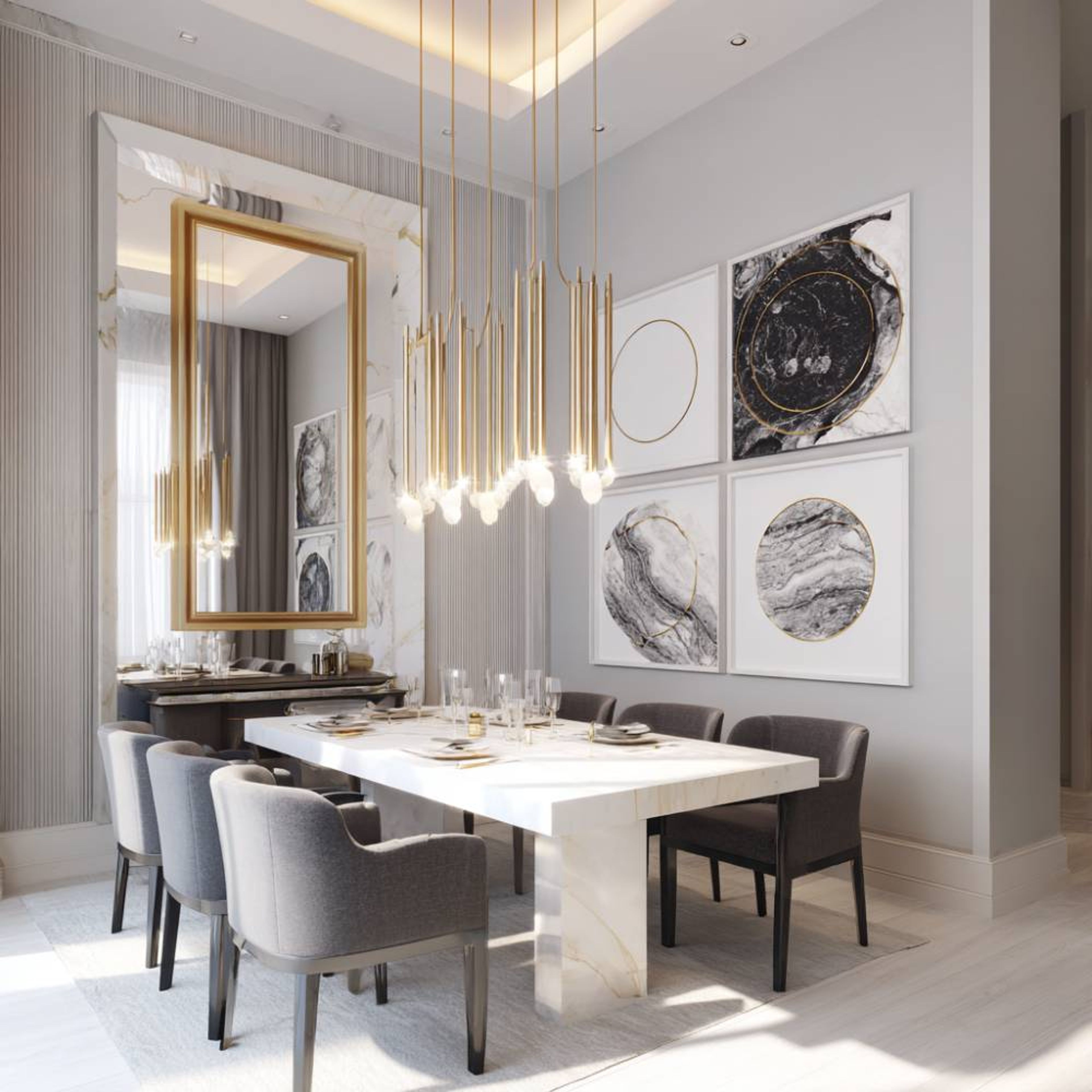 Dining Room Design Featuring Grey Chairs, Marble Table and Mirror