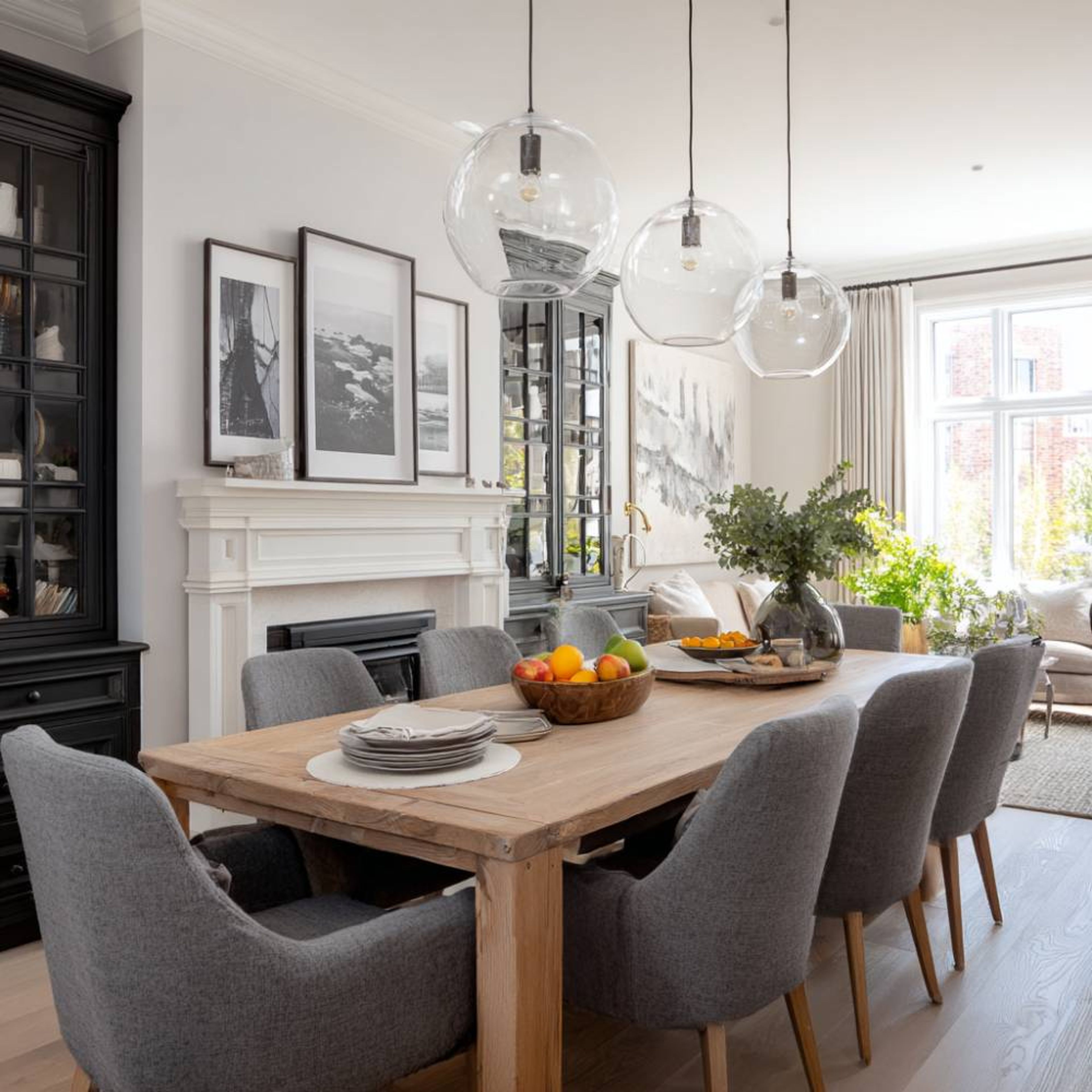 Glass Cabinet Modern Dining Room Design with Fireplace Storage