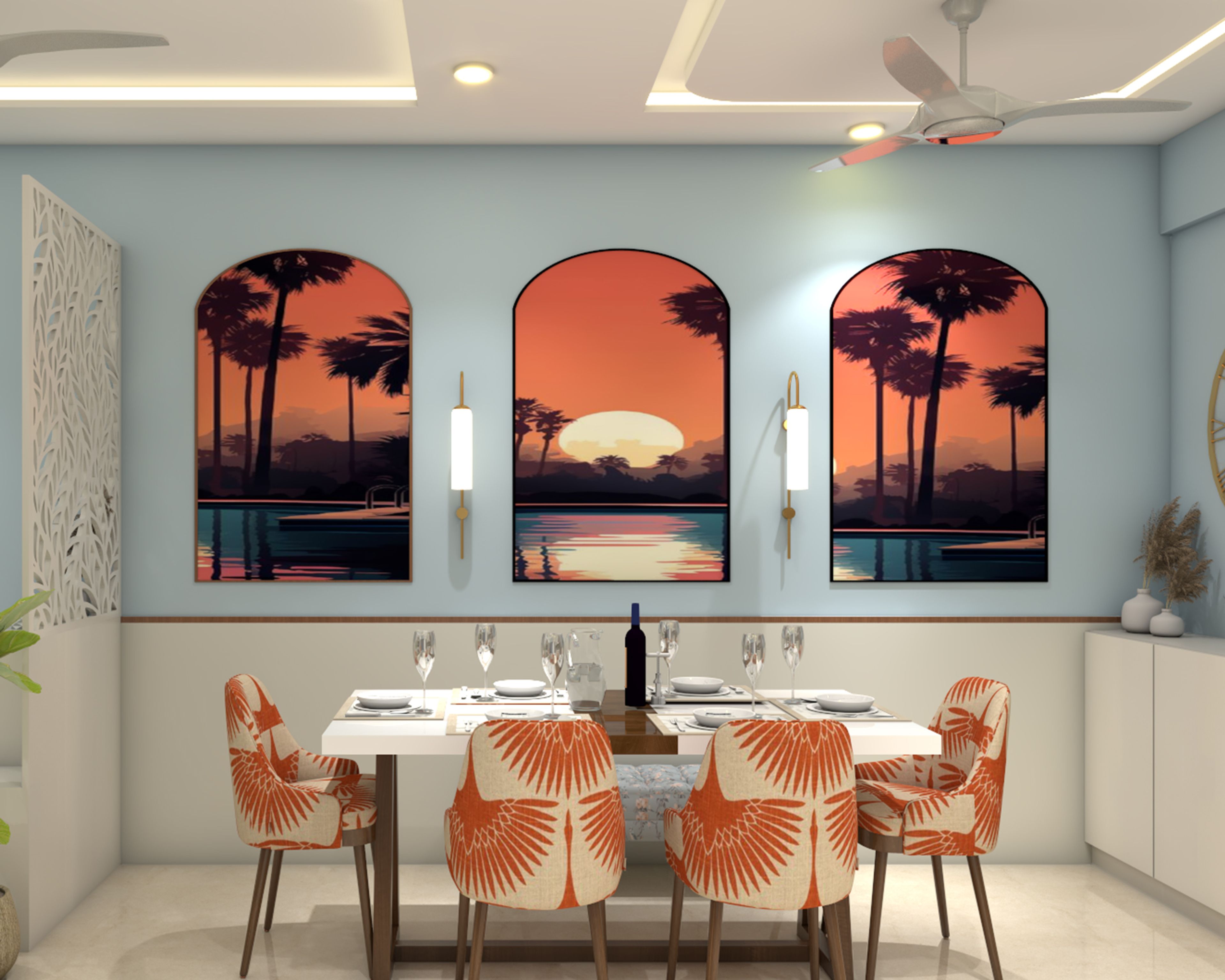 Tropical Dining Room Design with Orange Upholstered Statement Chairs