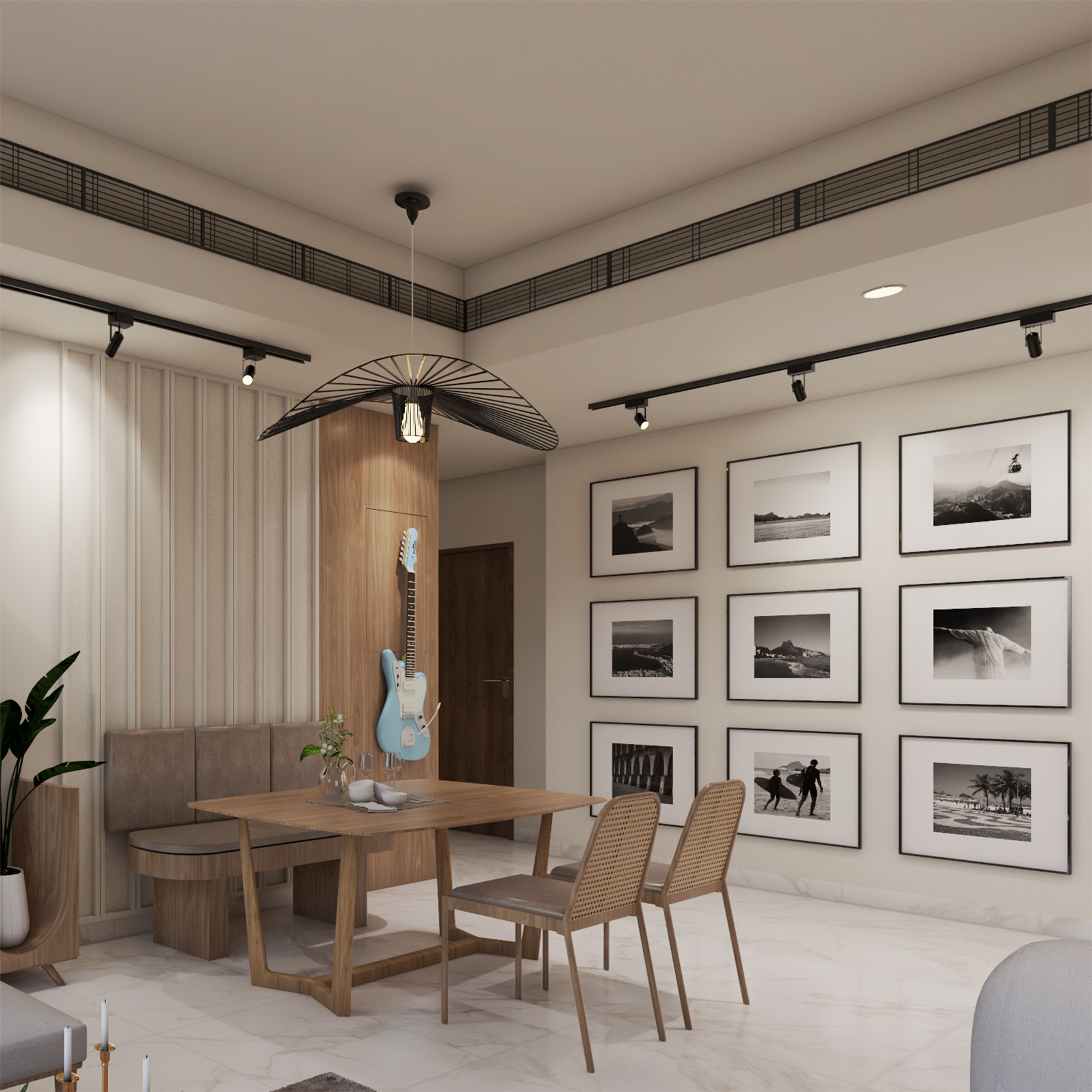 Bohemian Dining Room Design with Rattan Seating and Wooden Table