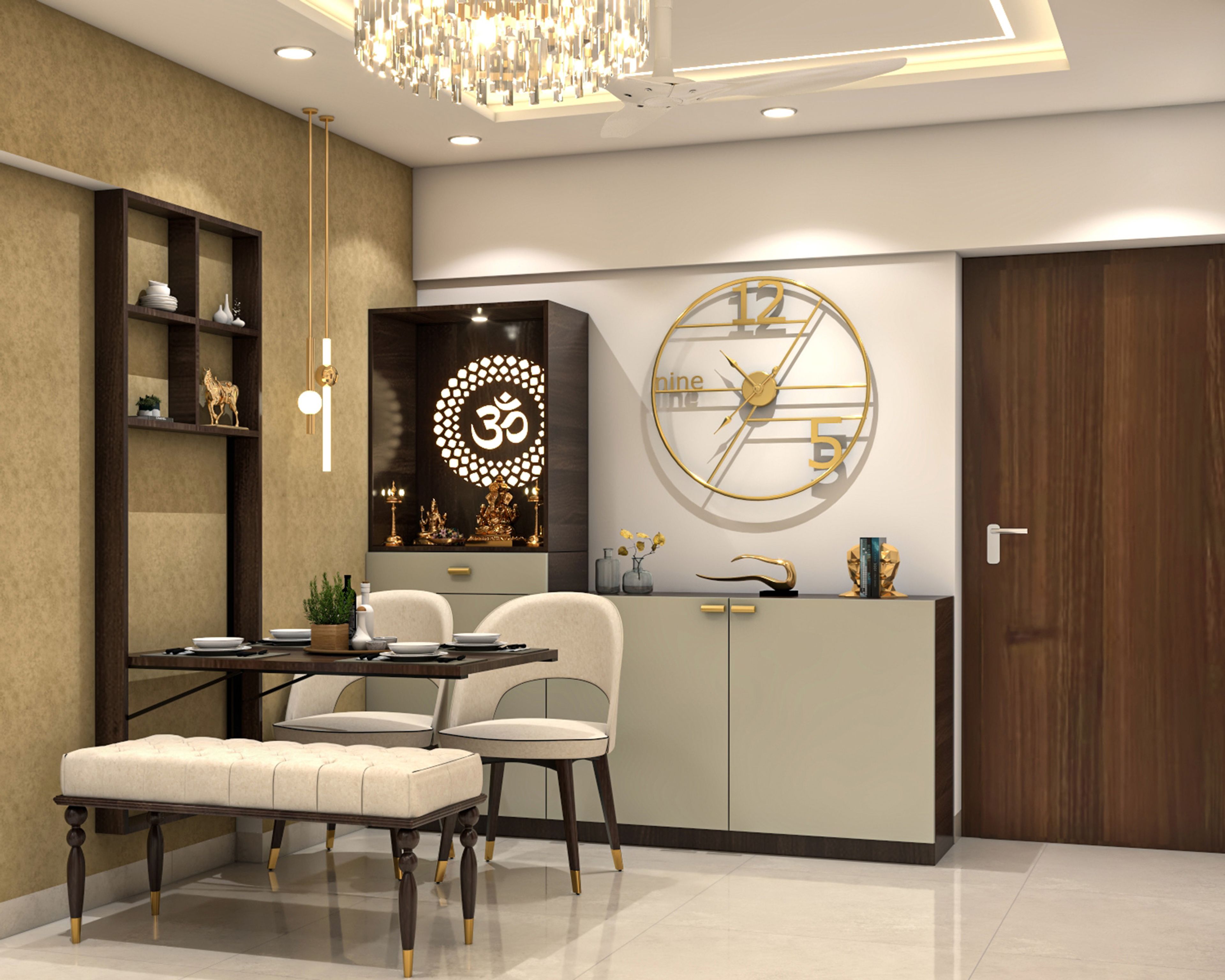 Modern 4-Seater Dining Room Design with Wall-Mounted Table and Pooja Unit