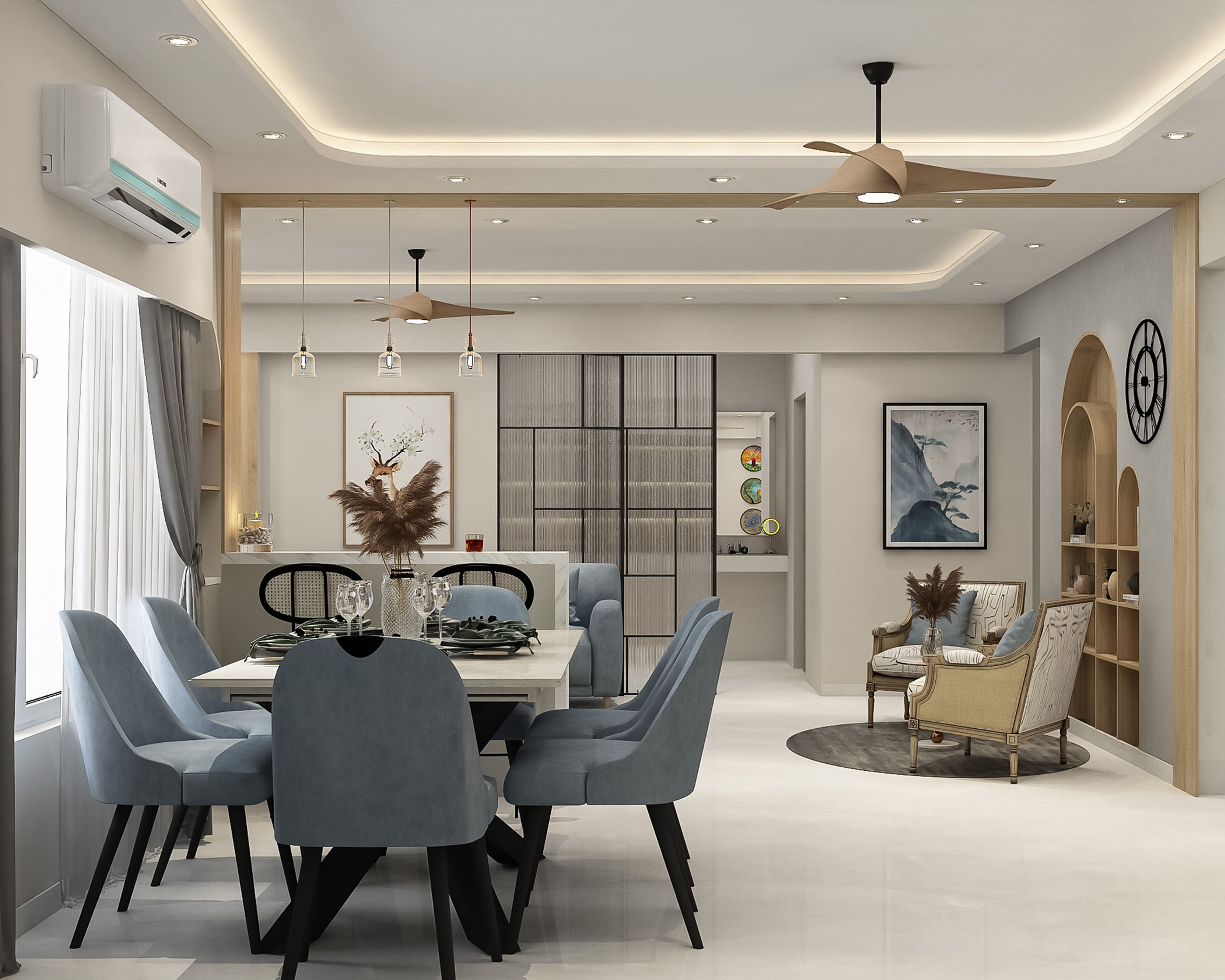 Contemporary Dining Room Design with Plush Blue Seating and Built-In Storage