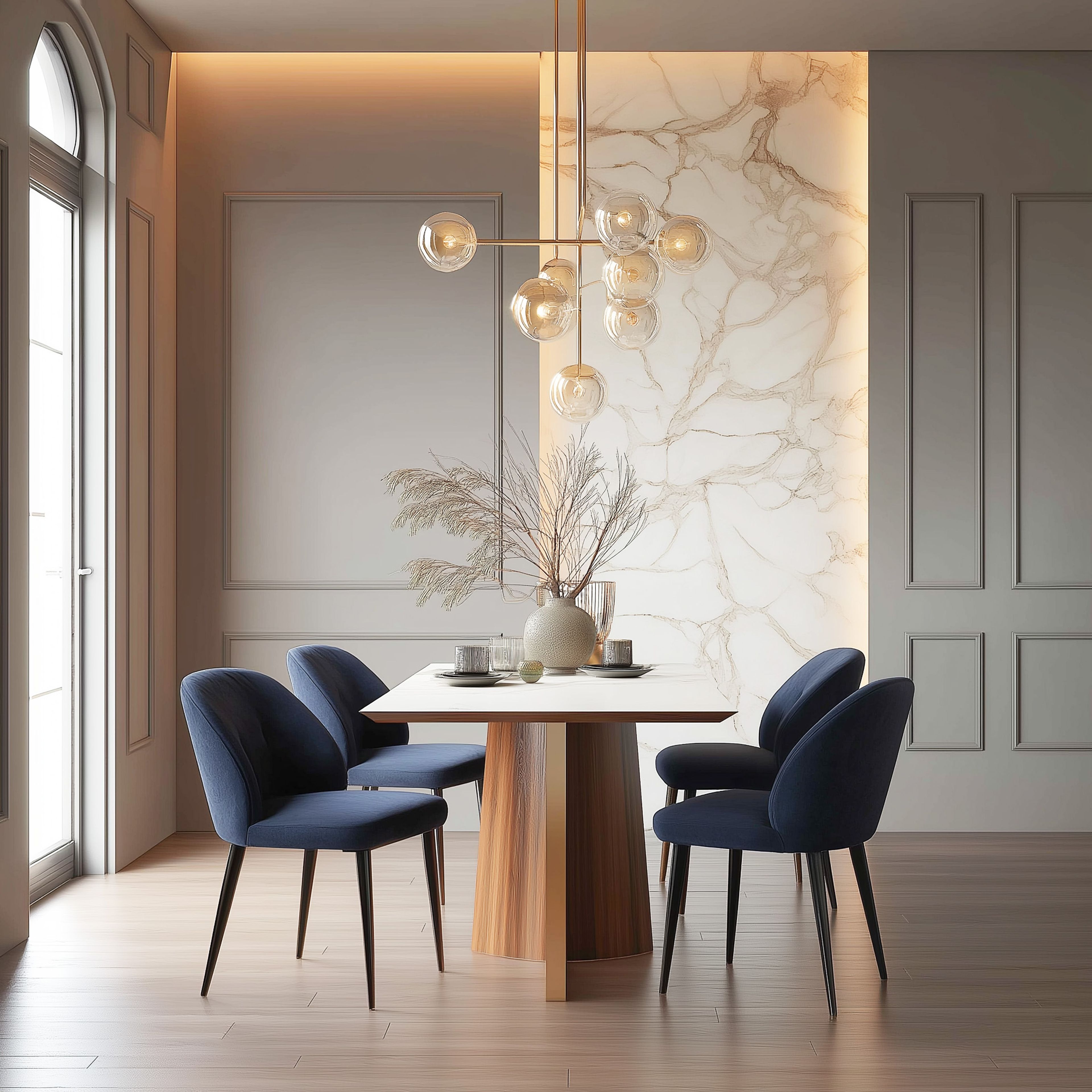 Modern Dining Room Design with Blue Chairs, Marble Textured Wall and White Table