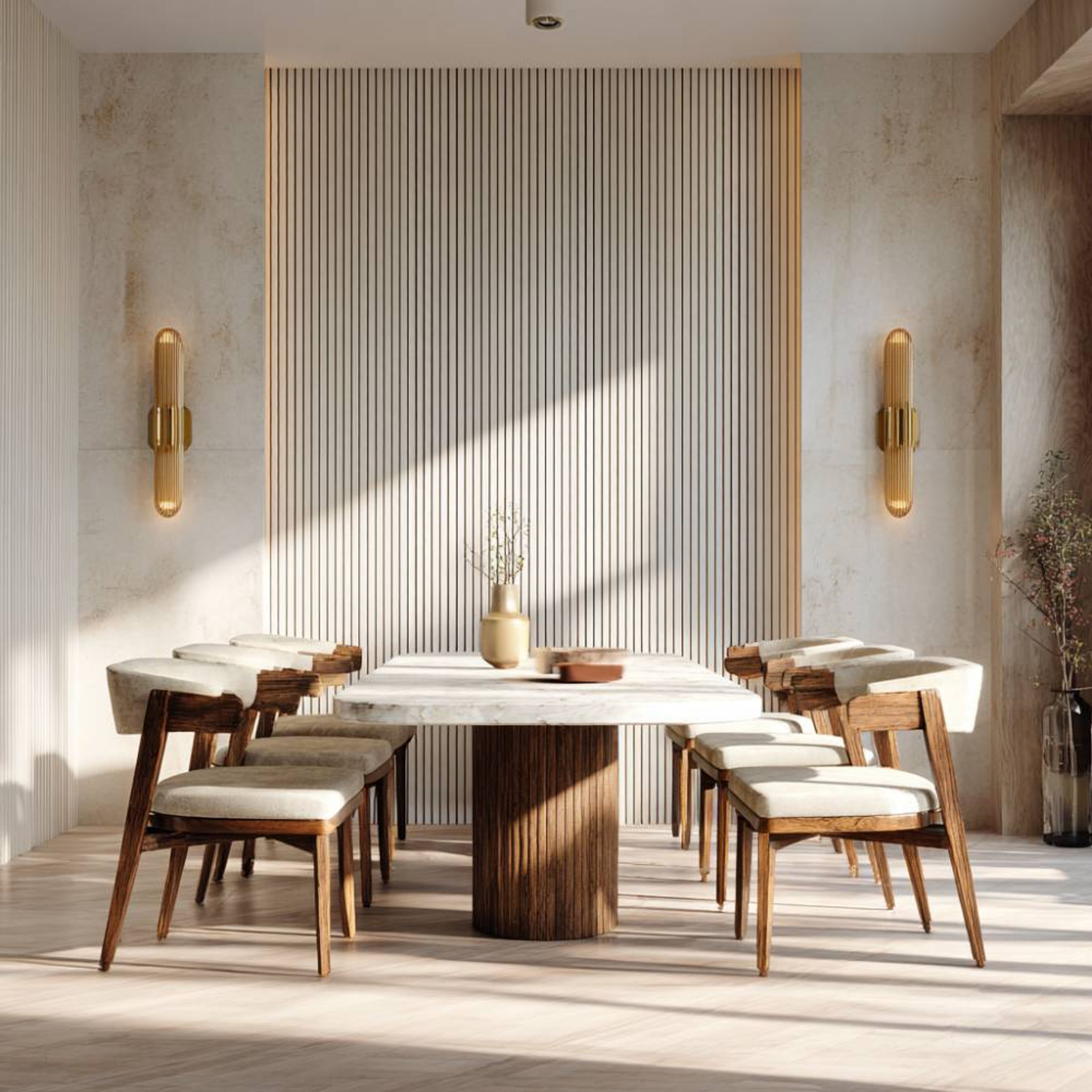 Scandinavian Dining Room Design with Marble Table and Vertical Wood Slats