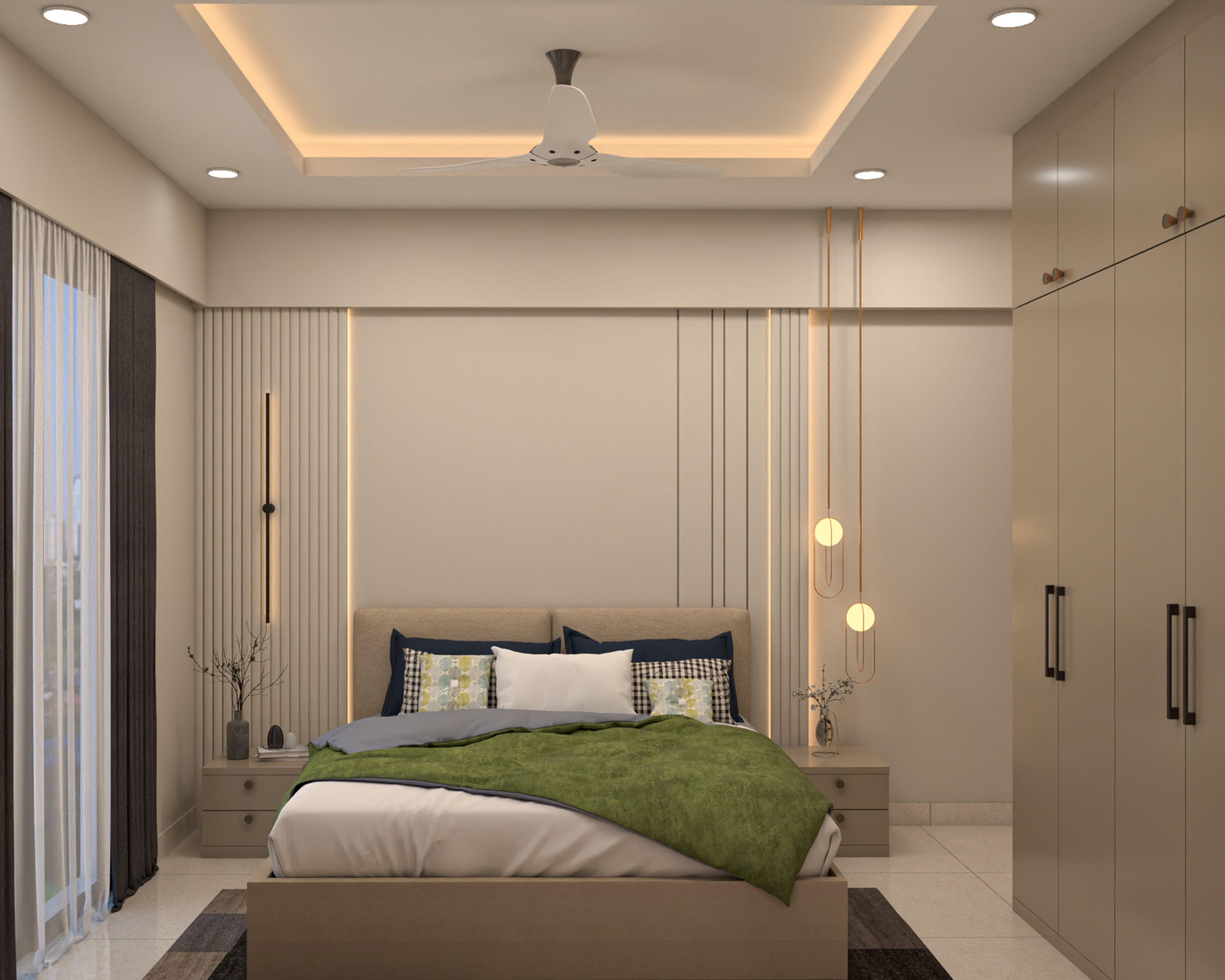 Minimal Single Layer False Ceiling Design with Pendant and Cove Lighting
