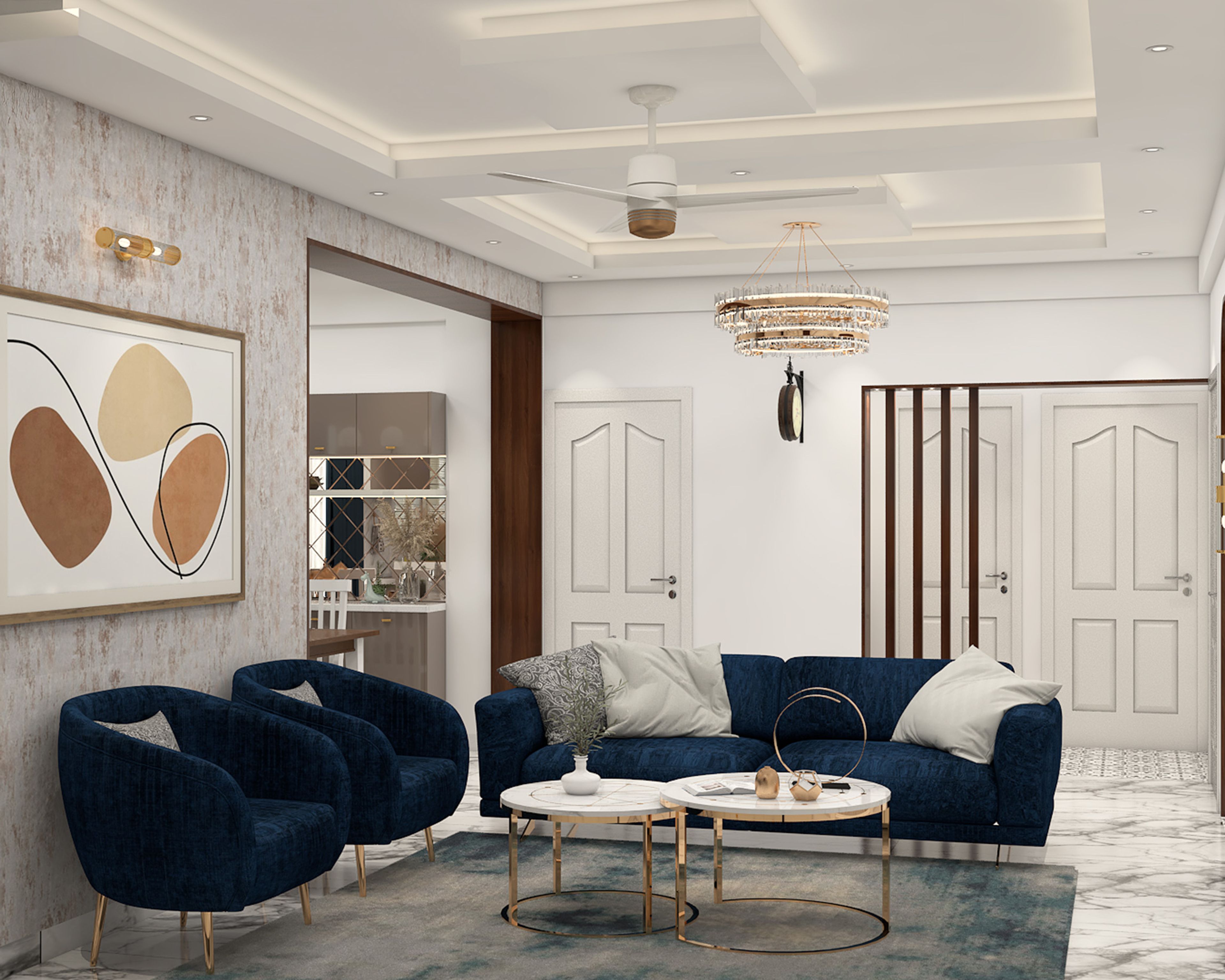 Contemporary Paint Finish Double Layer False Ceiling Design with Chandelier and Cove Lighting