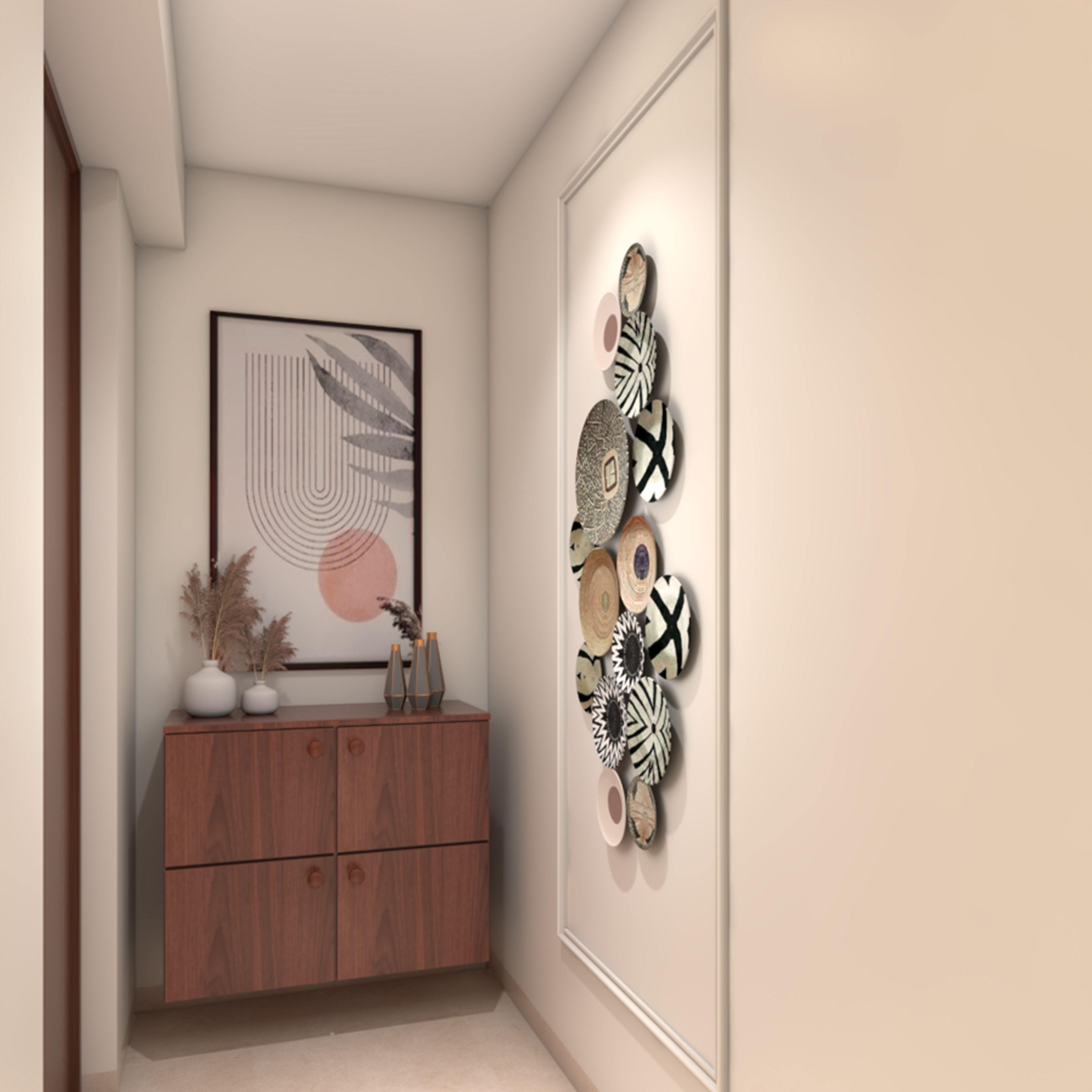 Walnut Contemporary Foyer Design with Art, Panel Molding And Smart Cabinets