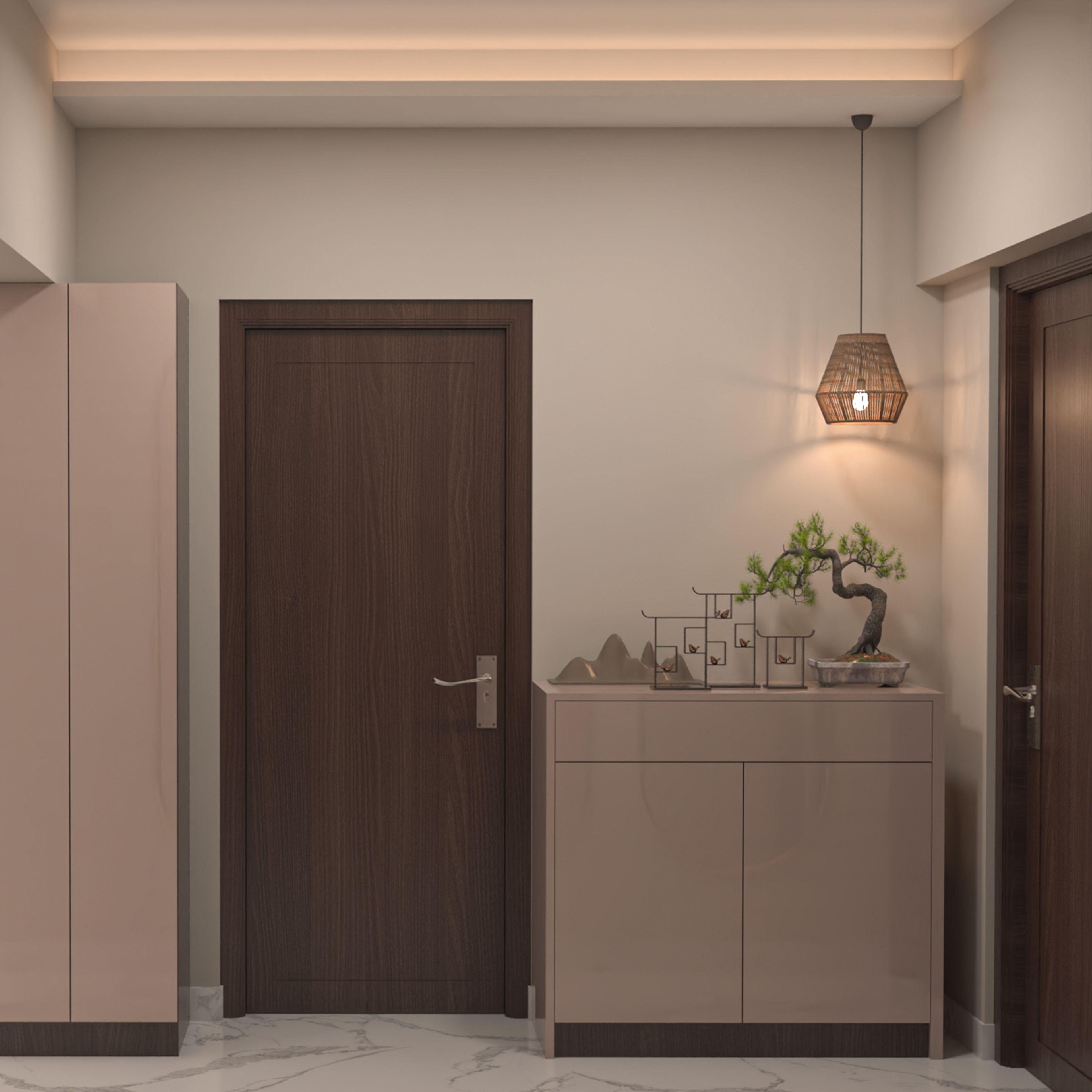 Rose Granium Foyer Design with Concealed Cabinet and Zen Decor