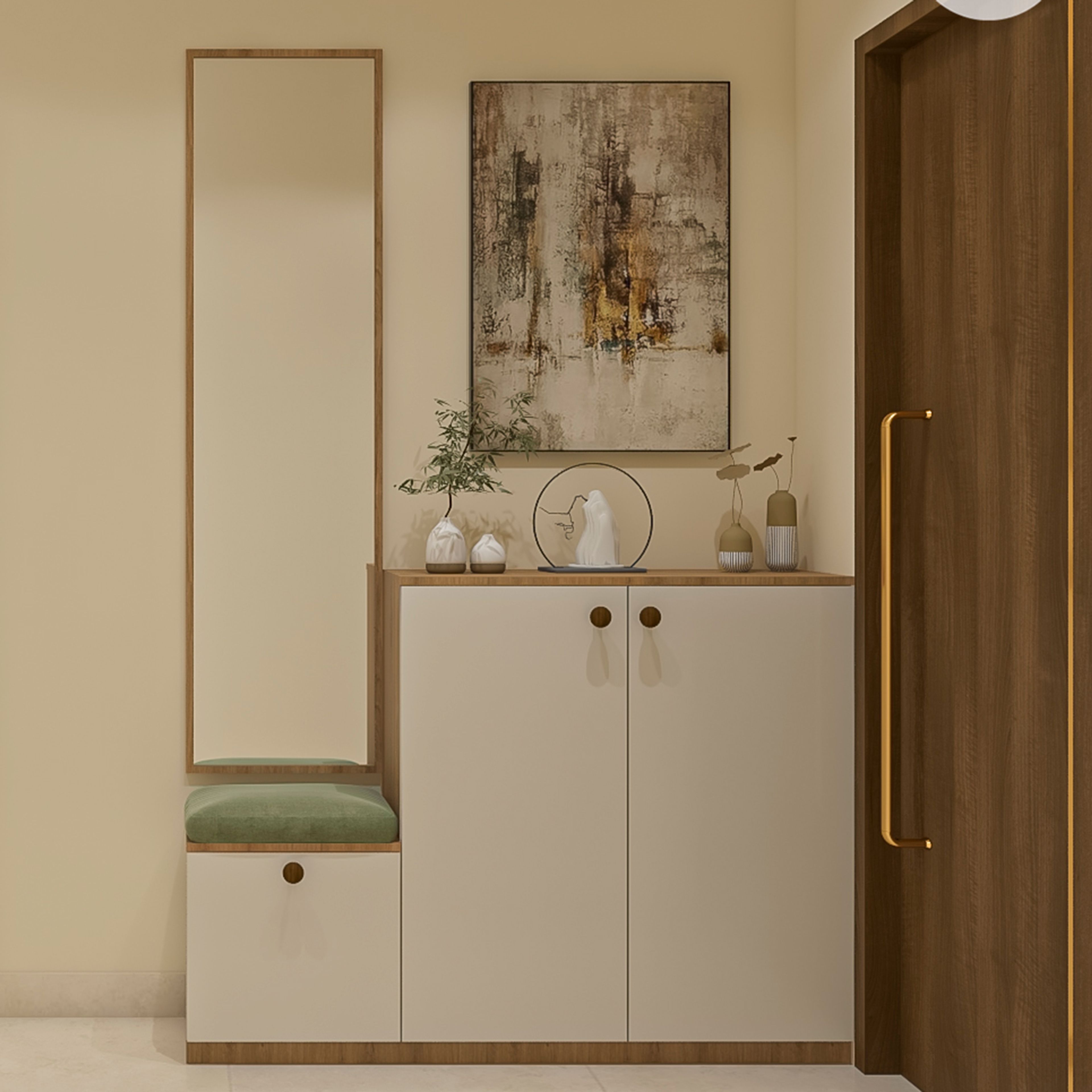 Contemporary Foyer Design with Built-In Green Tufted Seating Bench