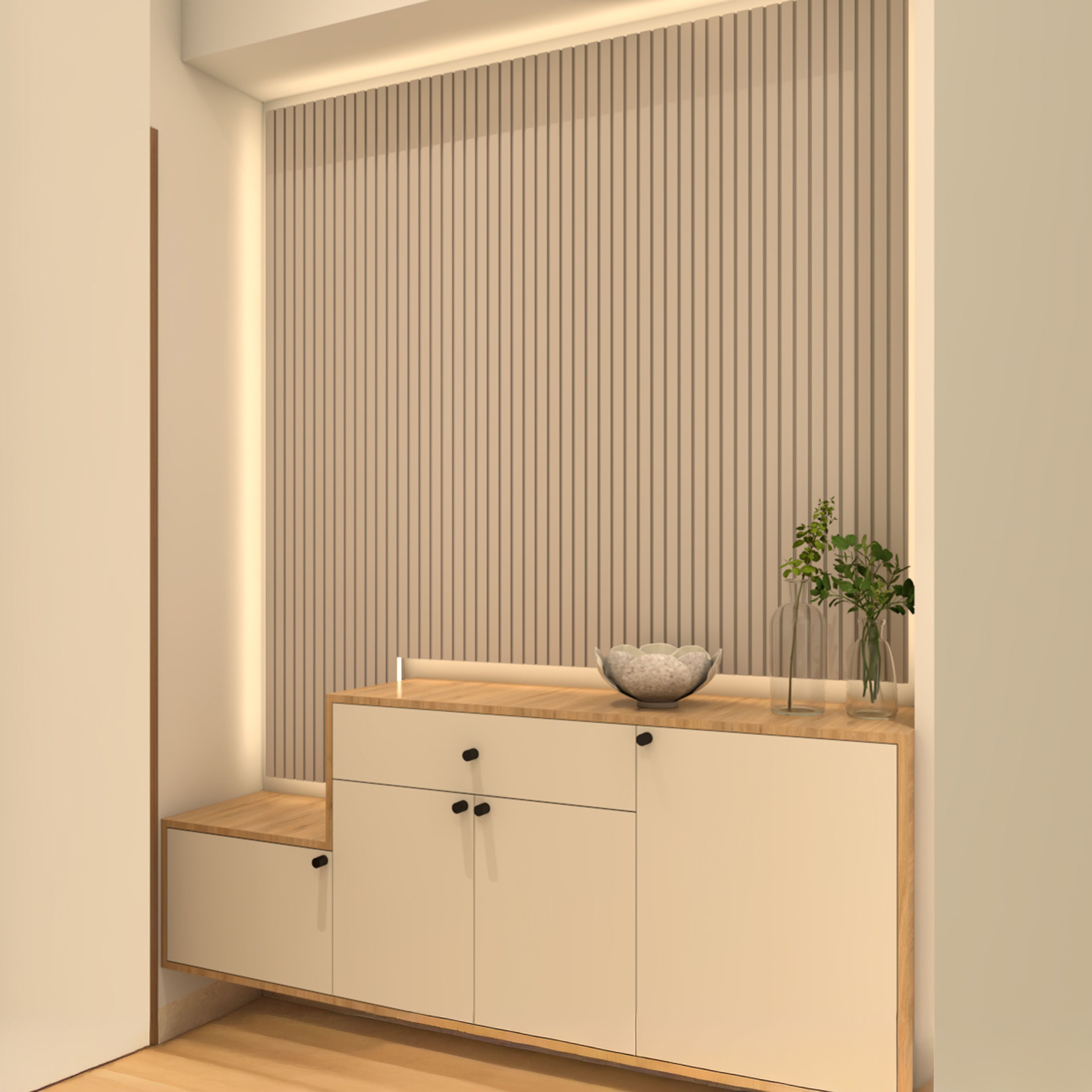 Scandinavian White Foyer Design with Integrated Seating and Drawer