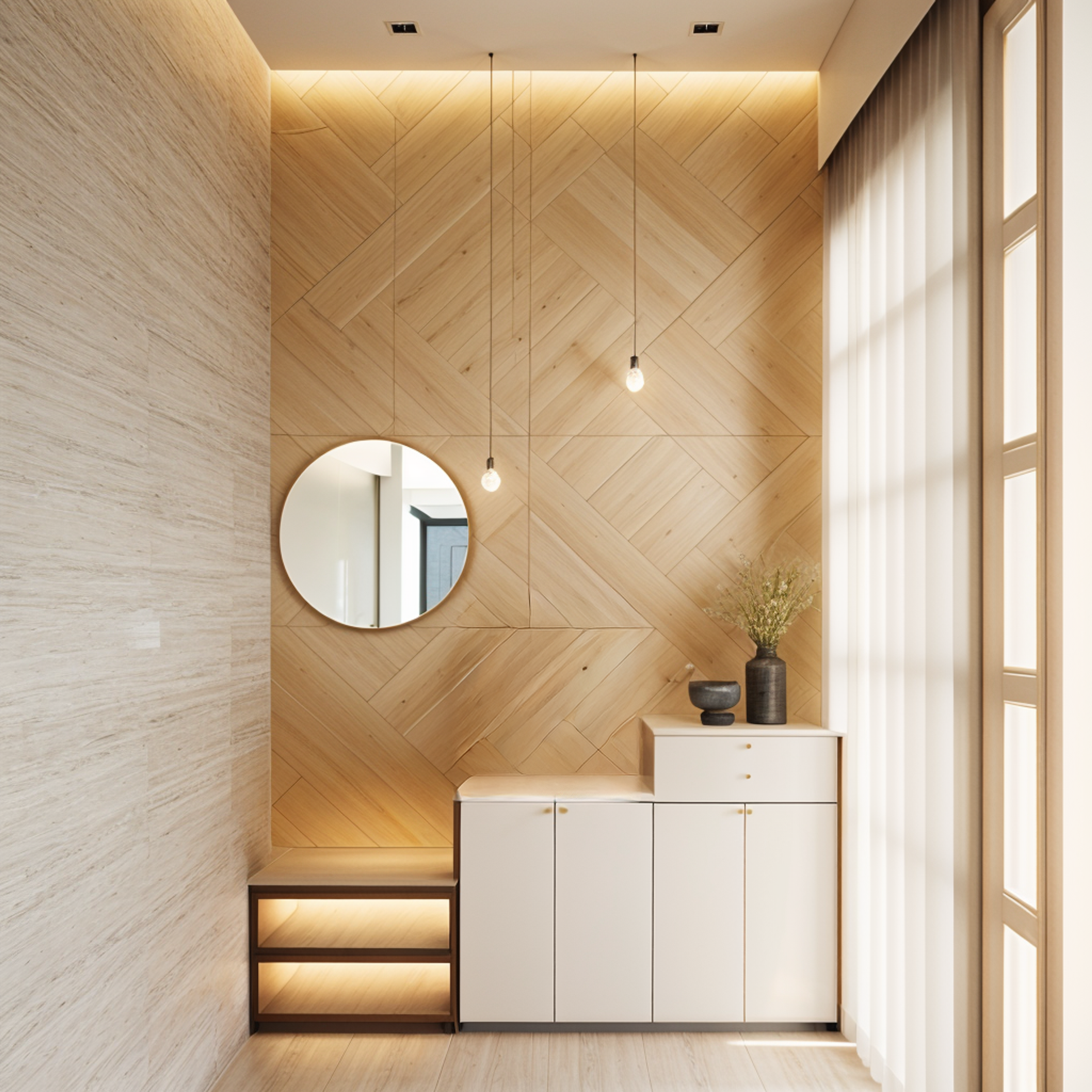 Cream Walnut Contemporary Foyer Design with Herringbone Feature Wall
