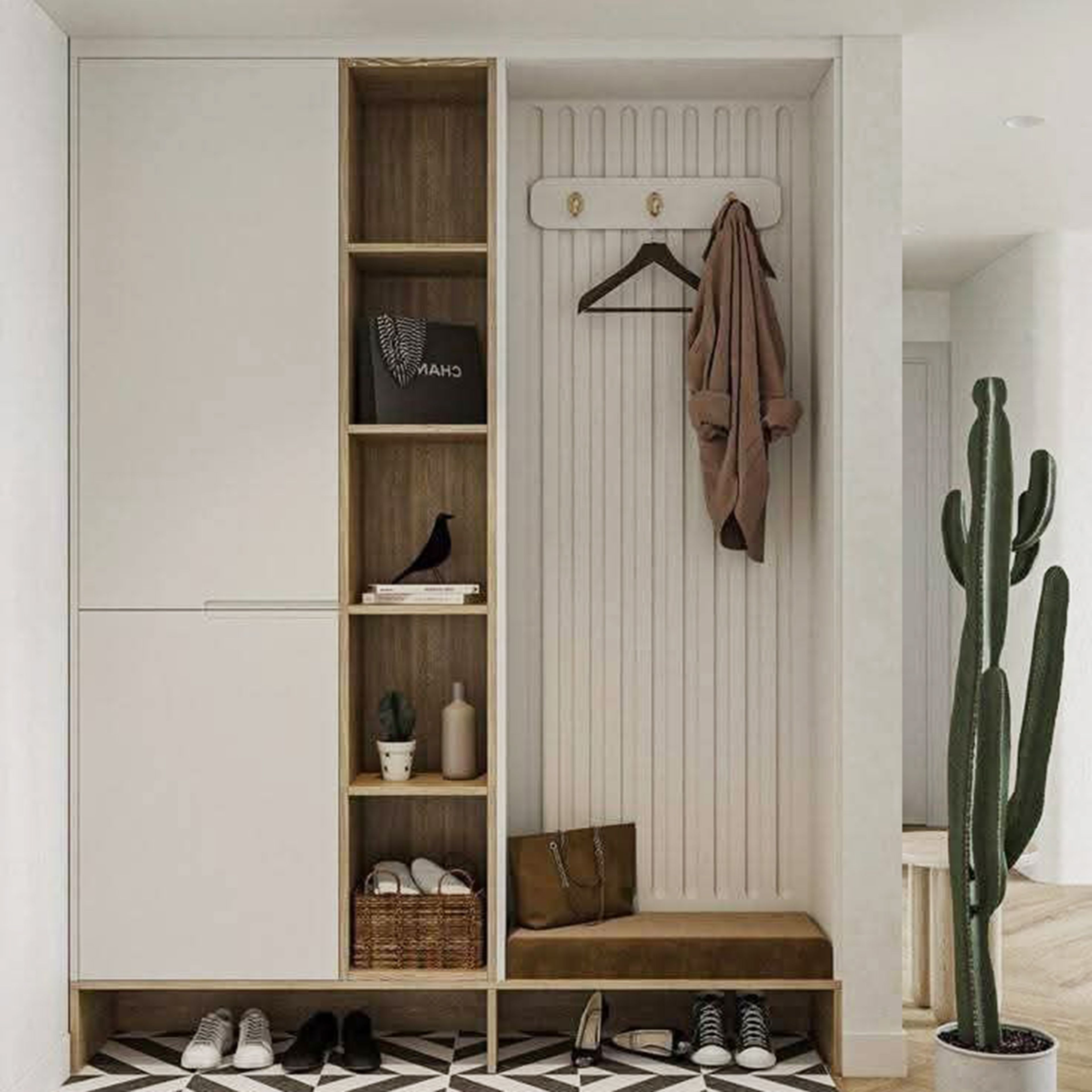 Scandinavian Champagne and Walnut Bronze Foyer Design in Matte Finish