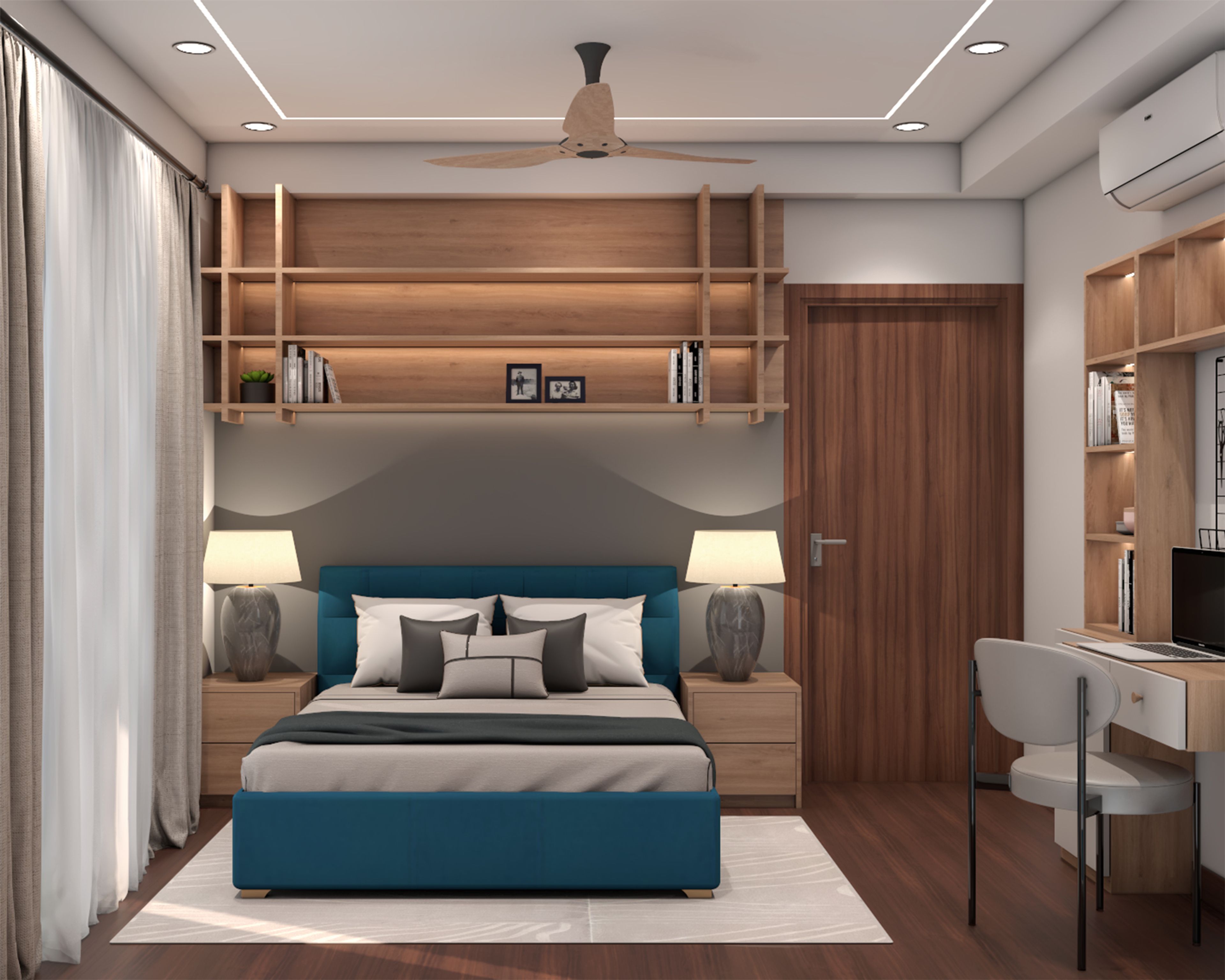 Contemporary Guest Bedroom Design with Teal Headboard Queen Bed, Open Wooden Shelves and Study Zone