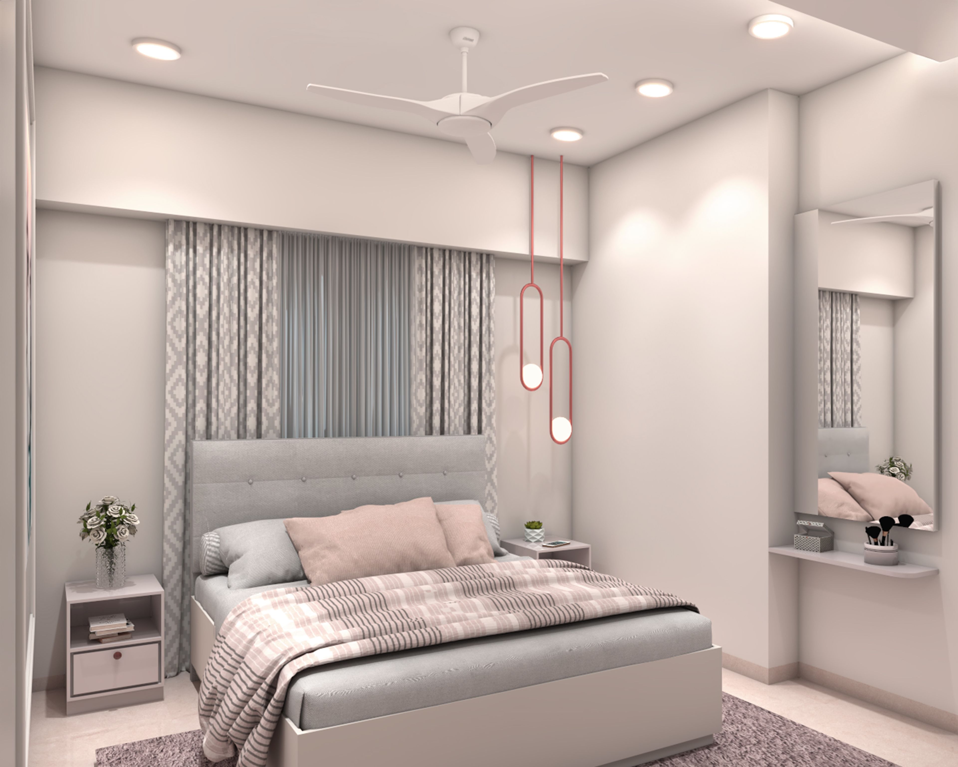Modern Guest Bedroom Design with Tufted Headboard Bed, Layered Lighting and Wall Mounted Vanity