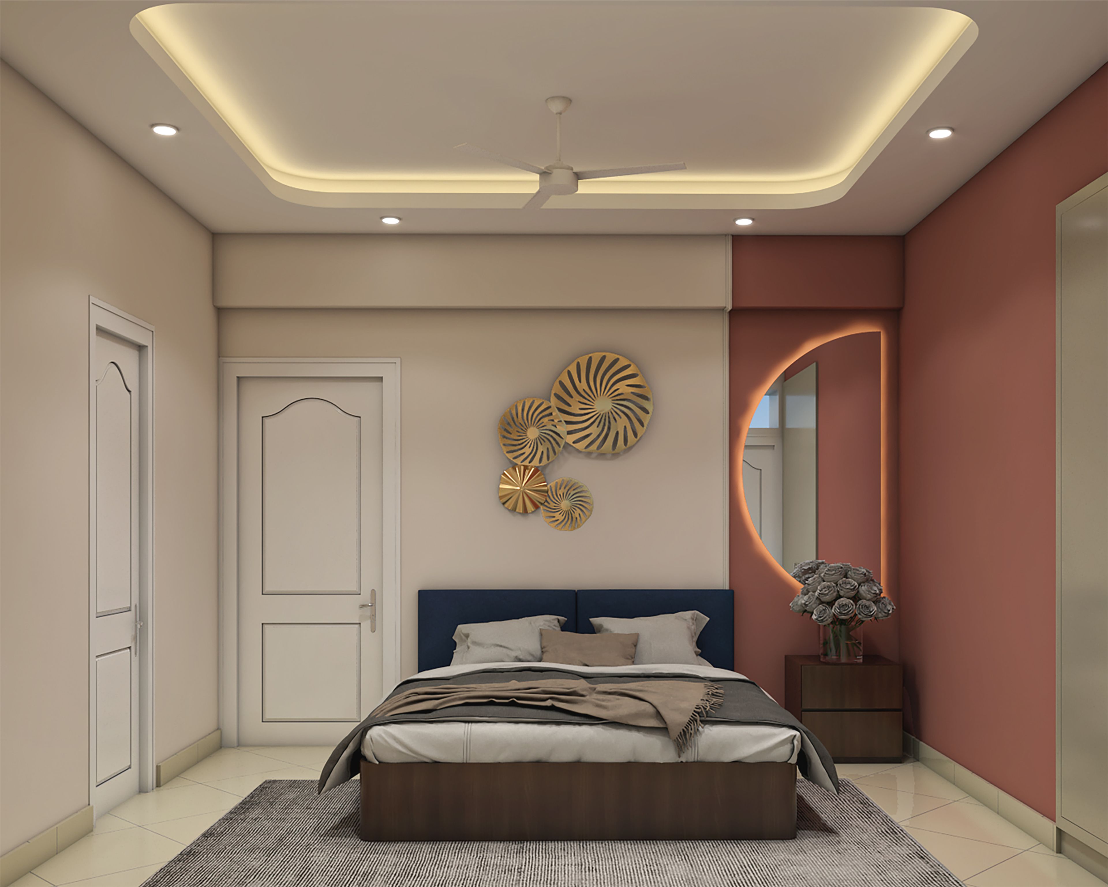 Contemporary Guest Bedroom Design with Terracotta Accent Wall and LED Mirror