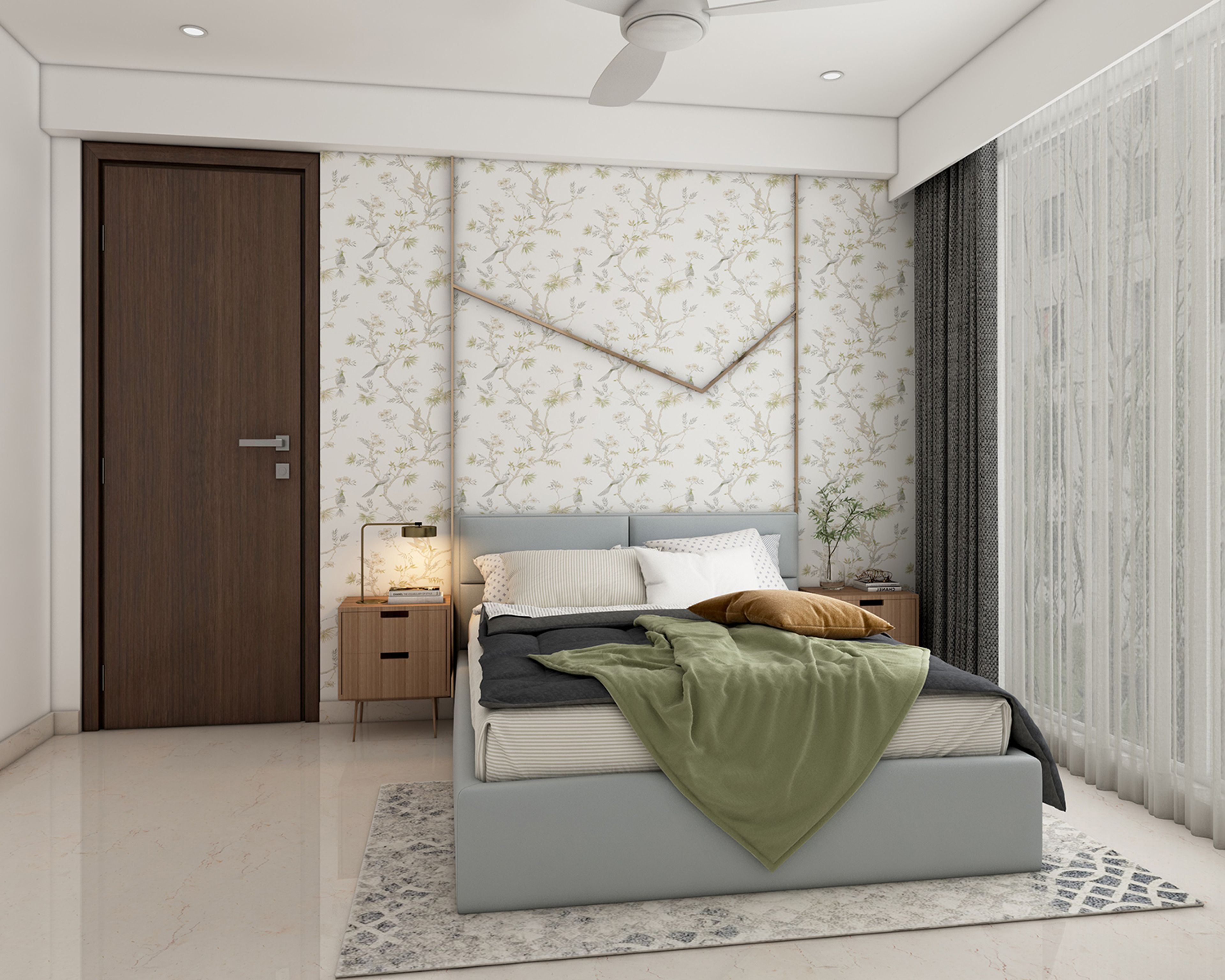 White and Green Bedroom Wallpaper Design with Blossoming Birds Pattern