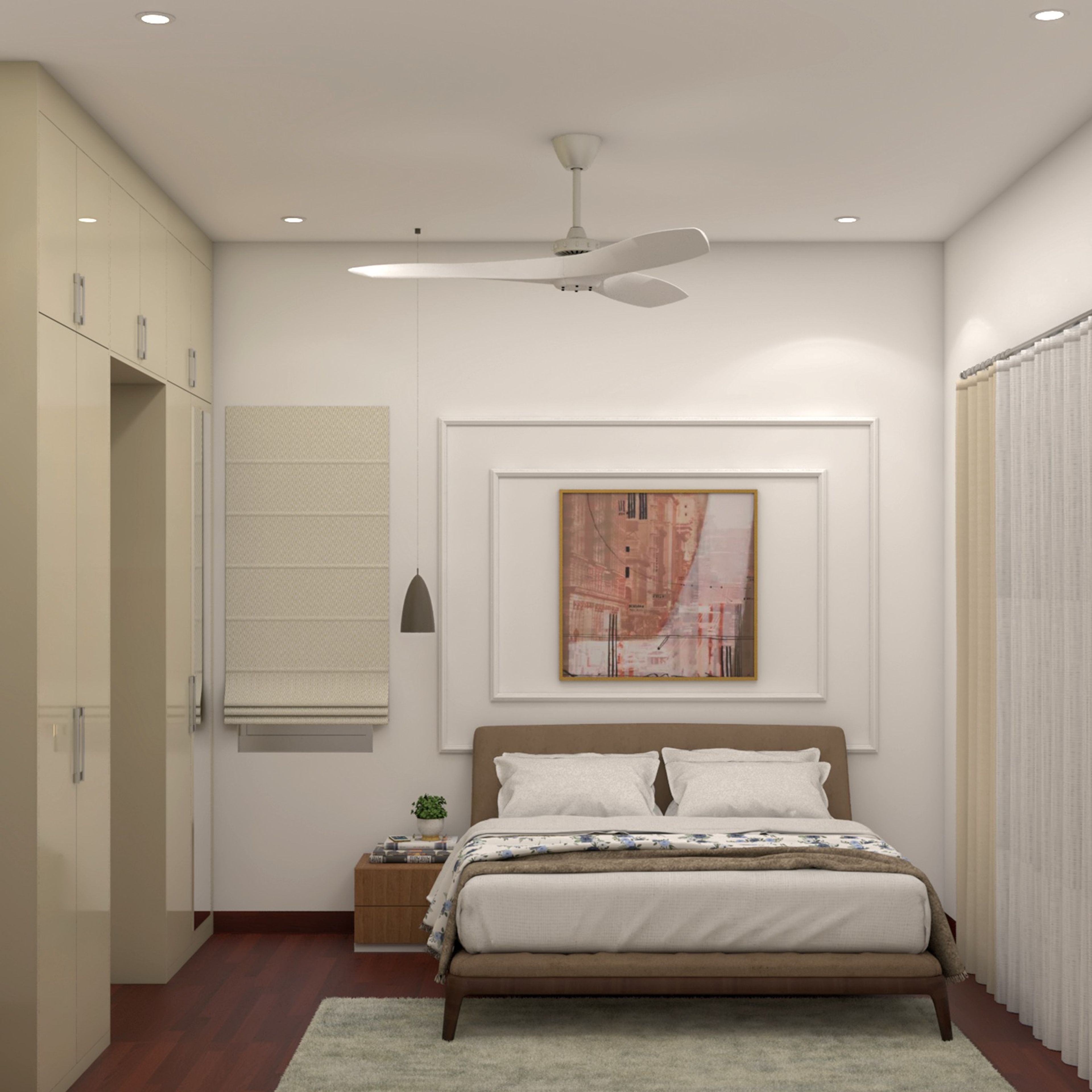 Contemporary Guest Bedroom Design with Beige Upholstered Queen Bed