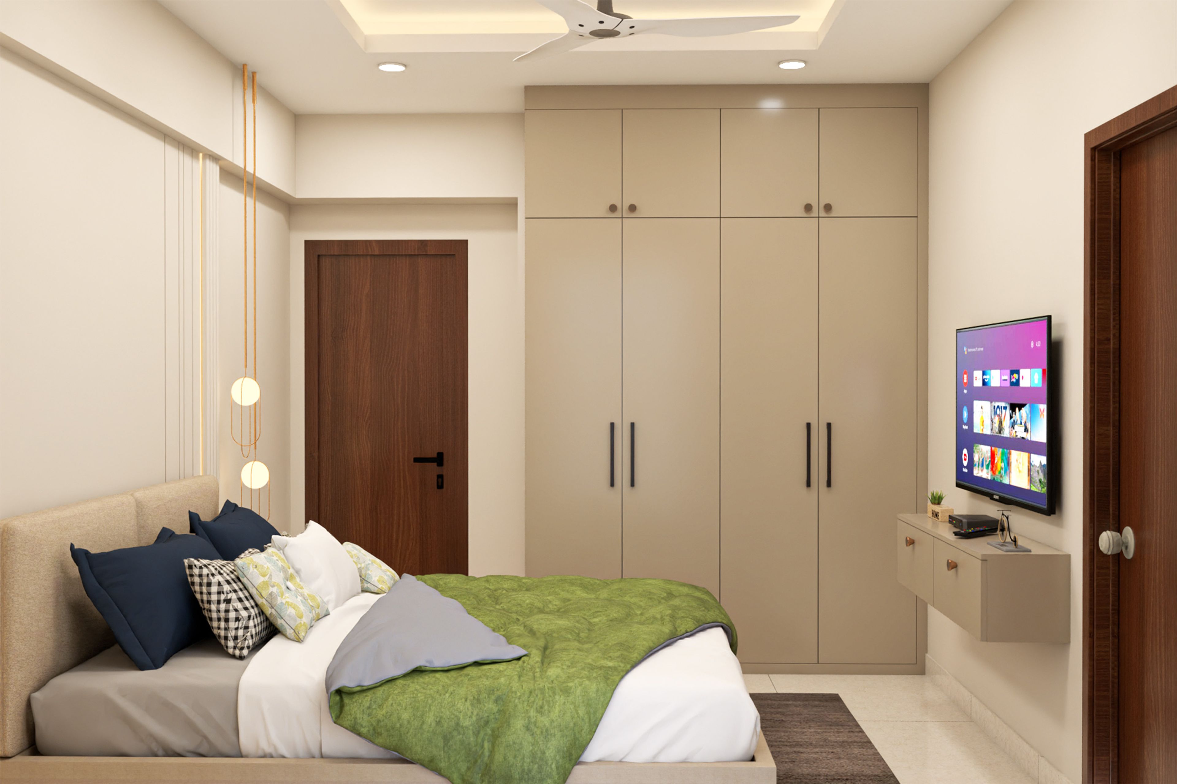Minimal Guest Bedroom Design with Beige Wardrobe and Grey Accent Wall
