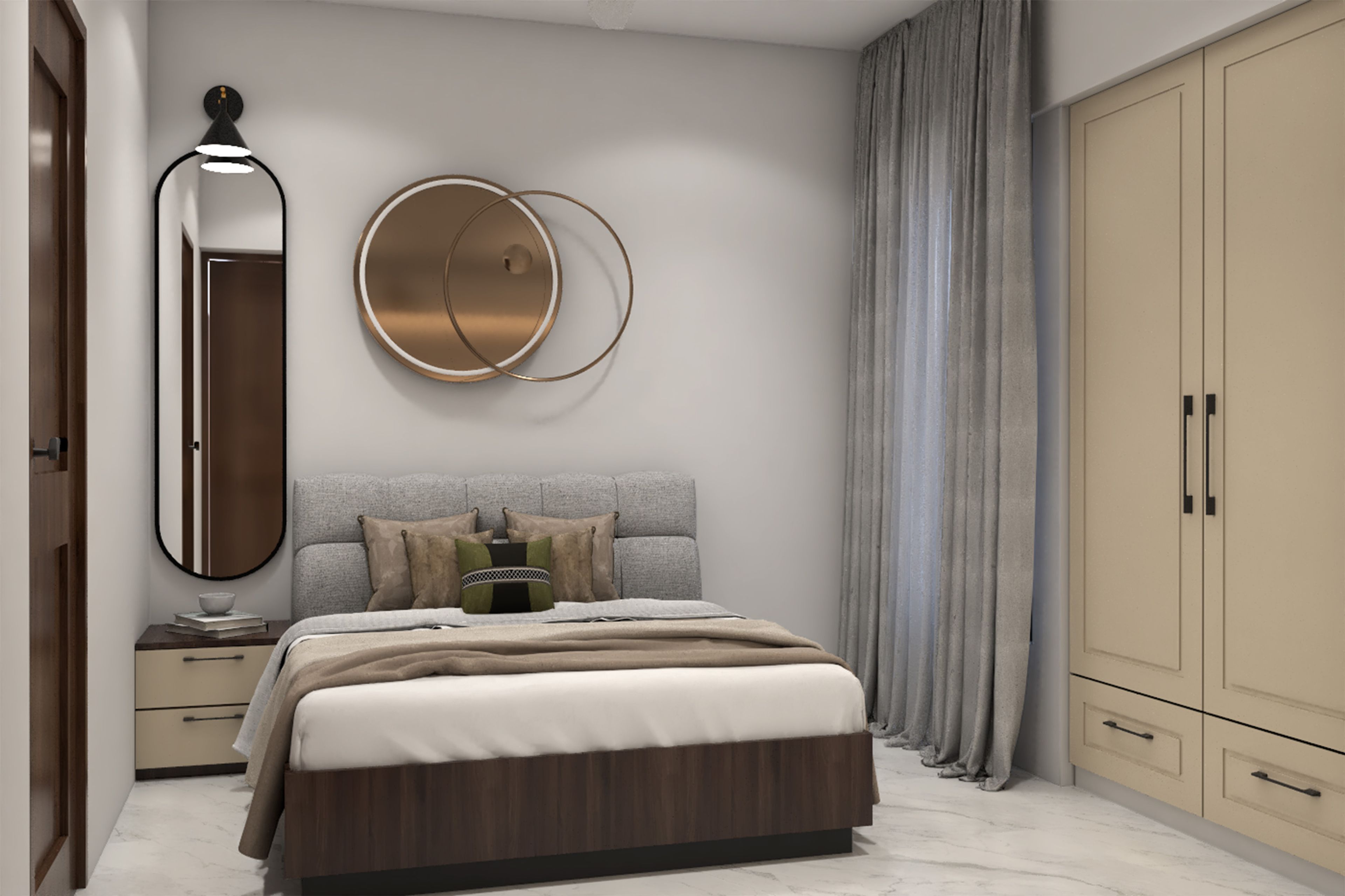 Modern Guest Bedroom Design with Metallic Wall Accent and Tall Vertical Mirror