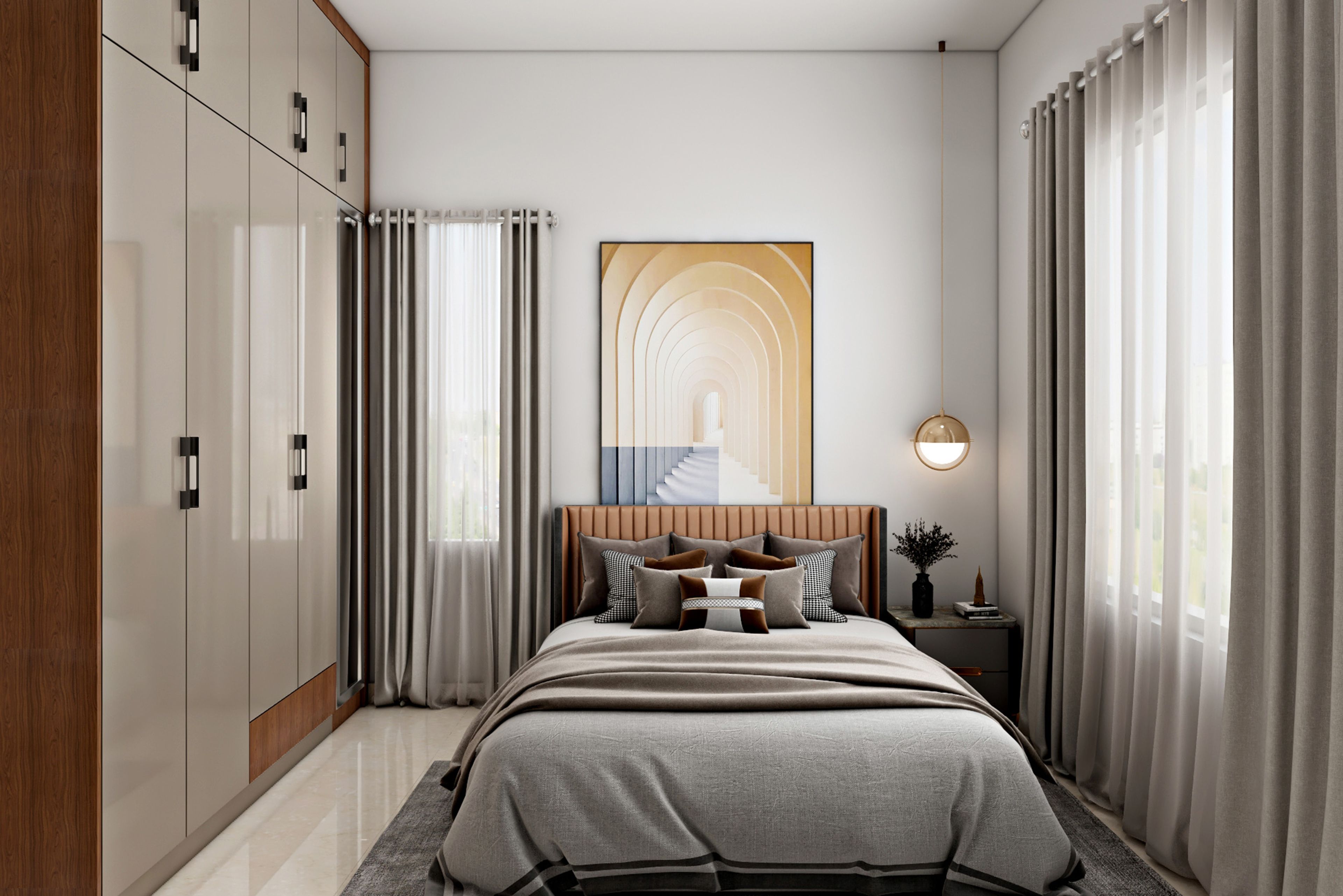 Fluted Headboard Contemporary Guest Bedroom Design with Glossy Wardrobe