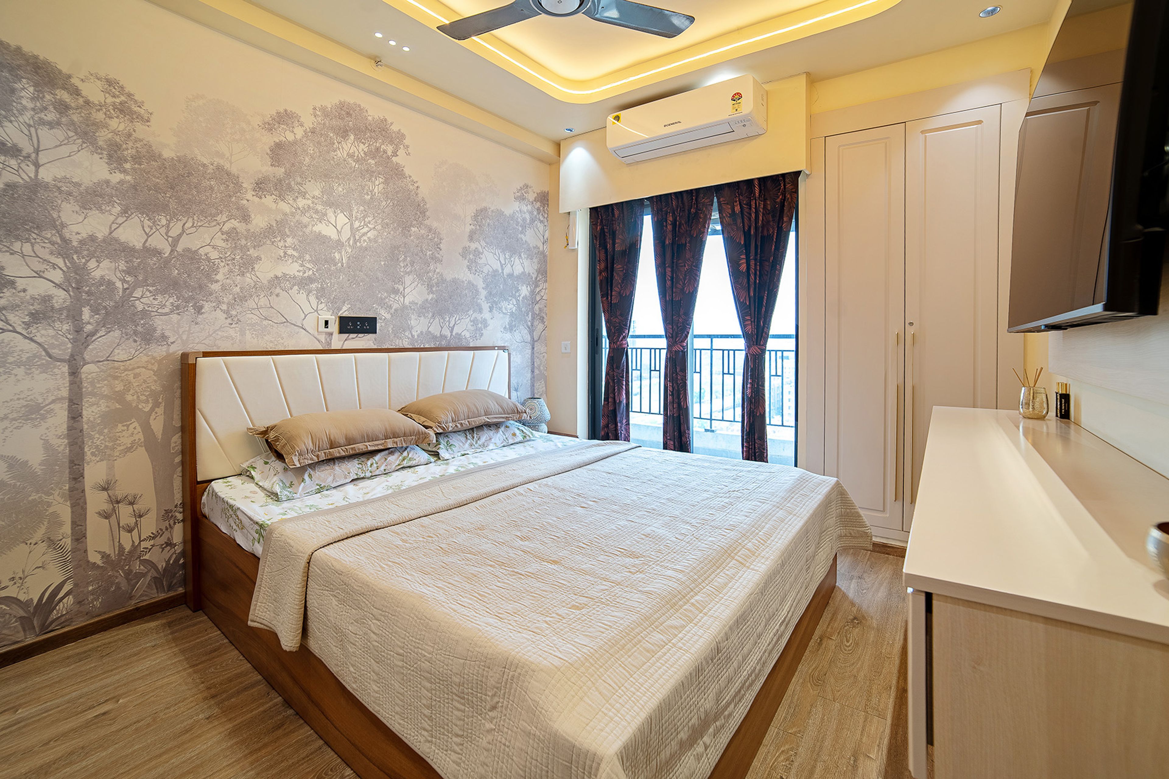 Botanical Mural Guest Bedroom Design with Tall Wardrobe